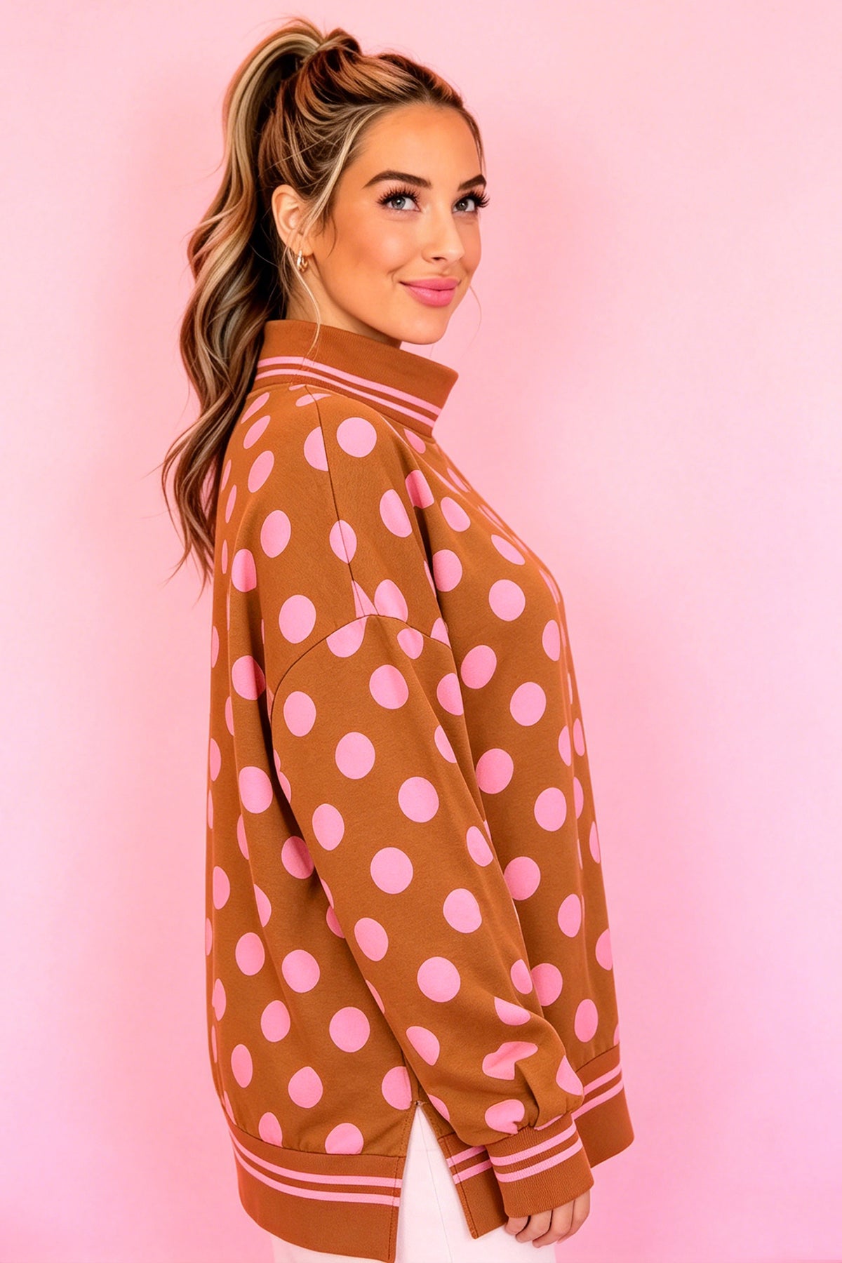 Polka Dot Striped Trim Mock Neck Sweatshirt (3 Colors Available)
