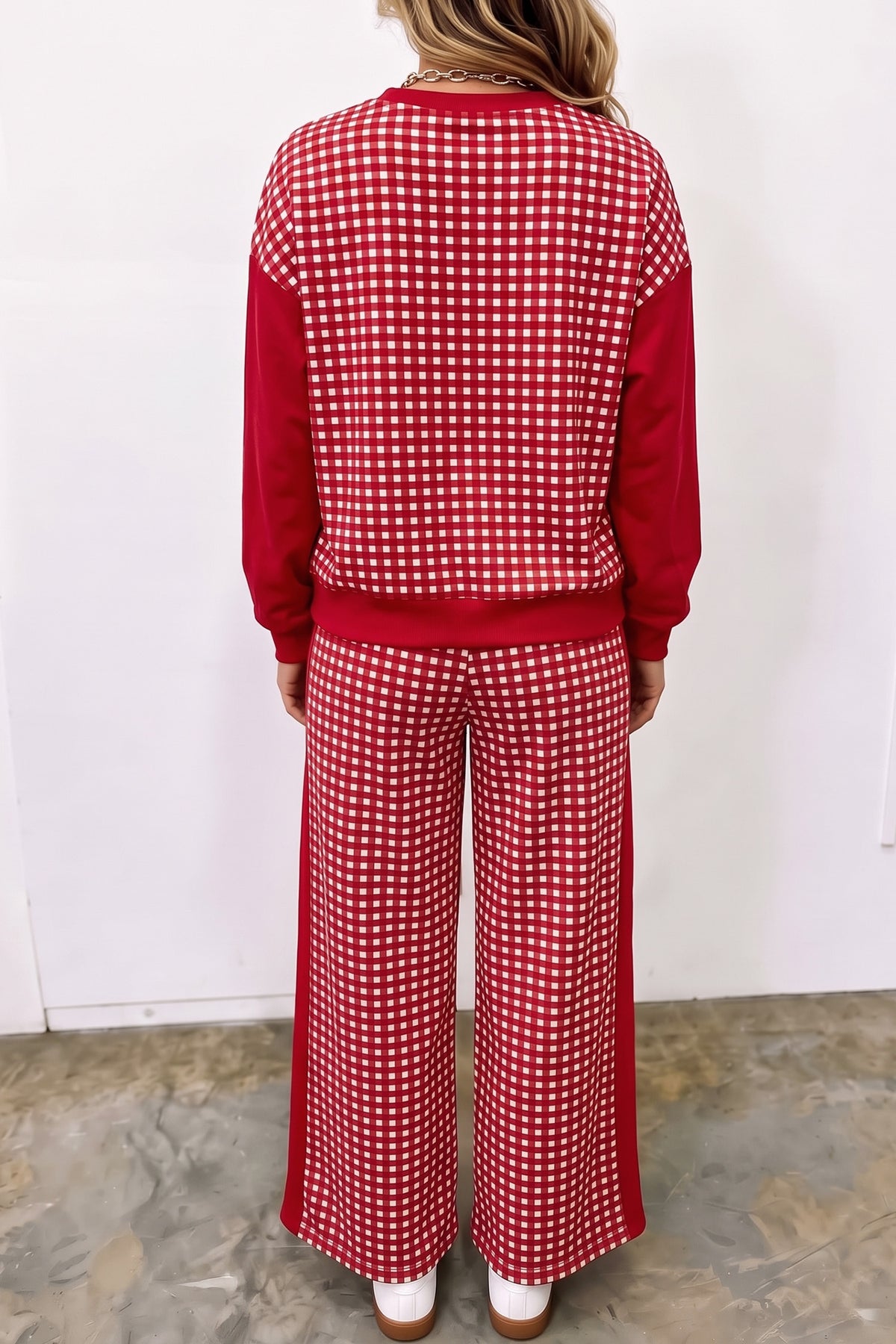 Plaid Patchwork Long Sleeve Pullover & Wide Leg Pant Set (3 Colors Available)