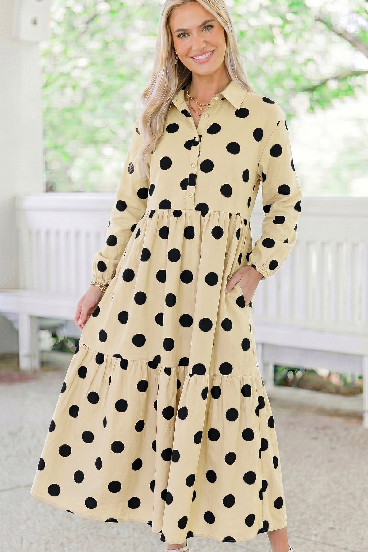 Polka Dot Button Front Long Sleeve Shift Dress with Pockets (2 Colors Available)