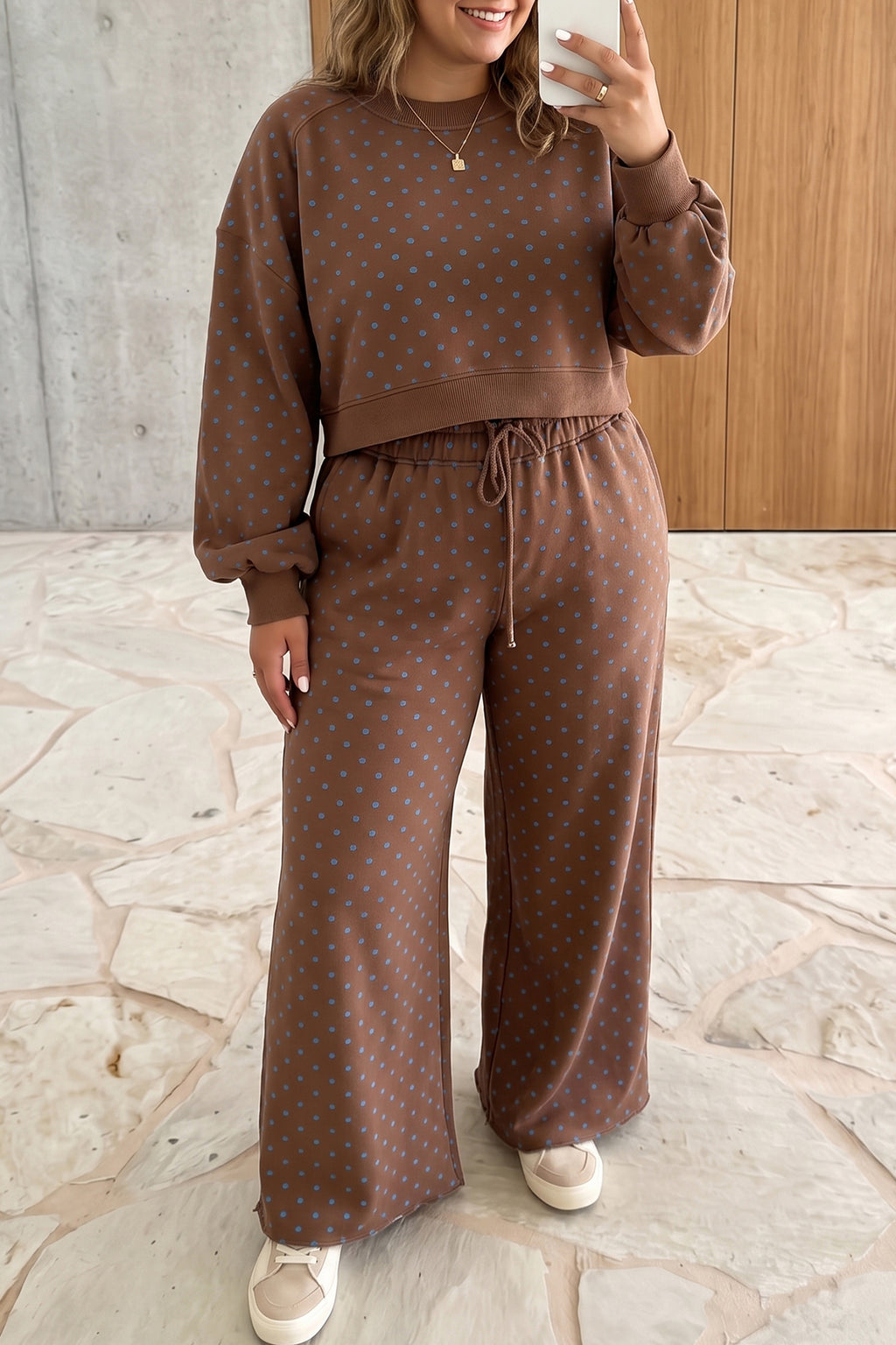 Polka Dot Round Neck Long Sleeve Plus Size Pant Set