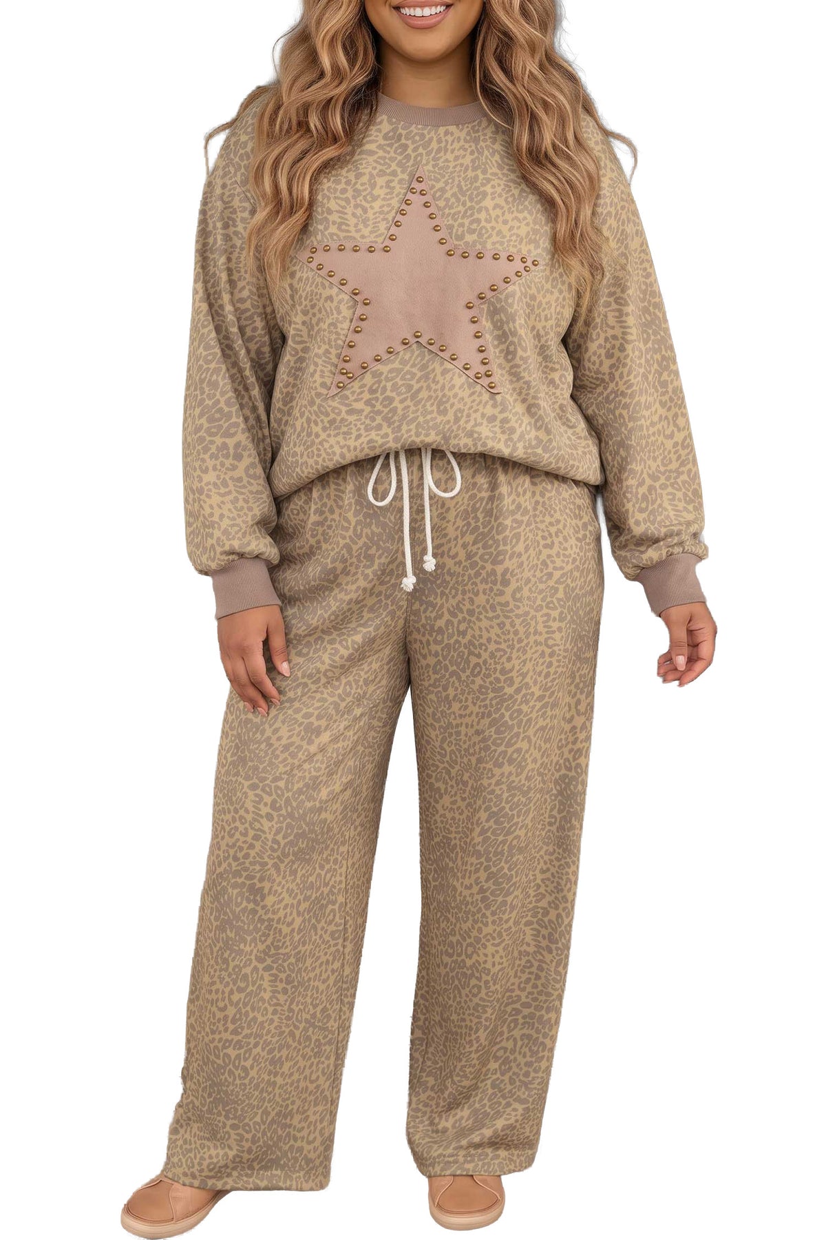 Leopard Star Patchwork Top & Pants Plus Size Set