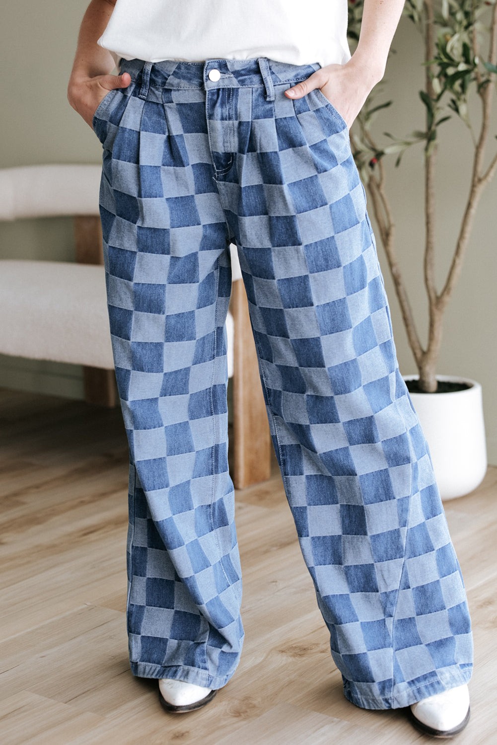 Checkered Denim Wide Leg Jeans (2 Colors Available)