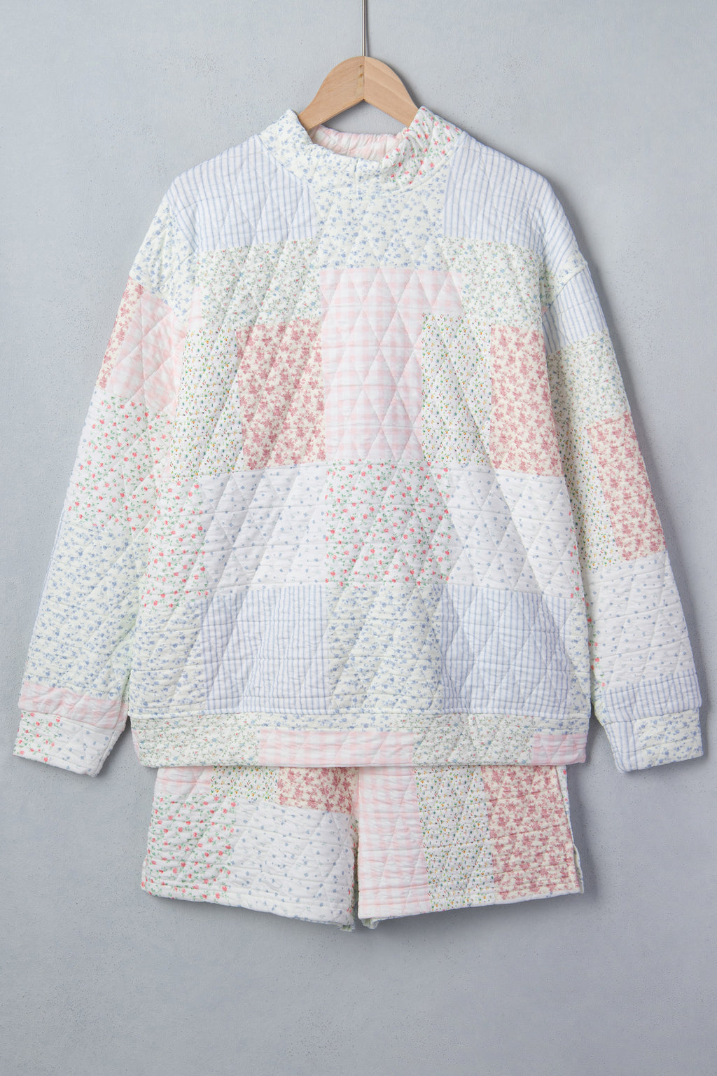 Floral Quilted Patchwork Mock Neck Top & Short Set