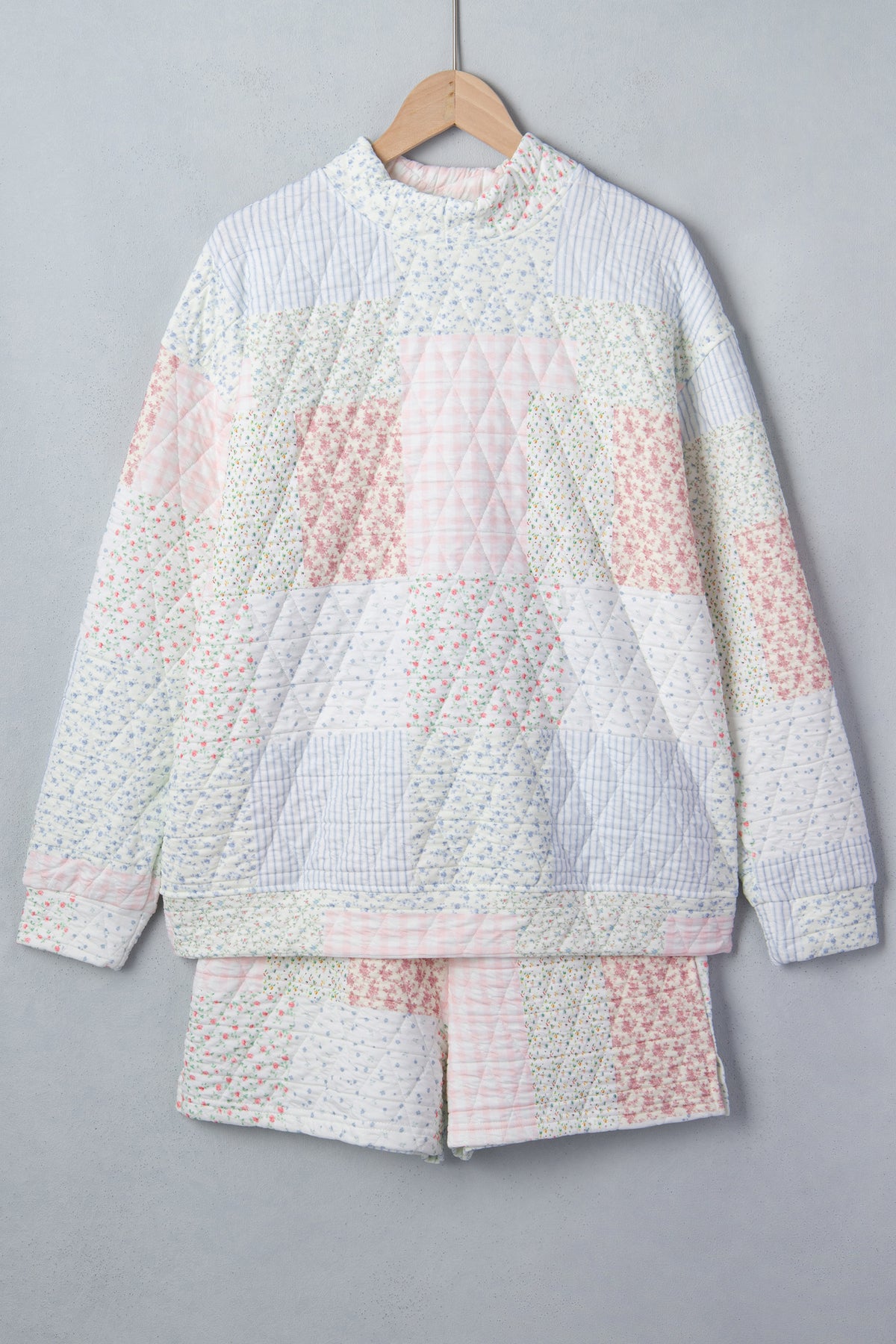 Floral Quilted Patchwork Mock Neck Top & Short Set