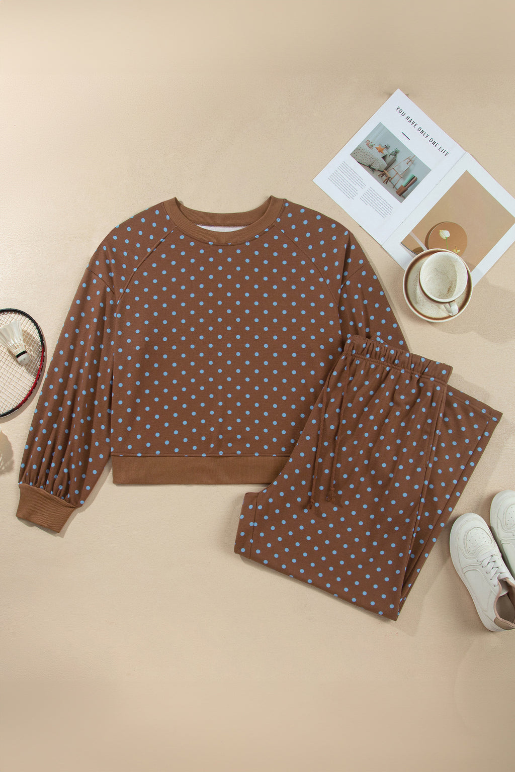 Polka Dot Round Neck Long Sleeve Plus Size Pant Set