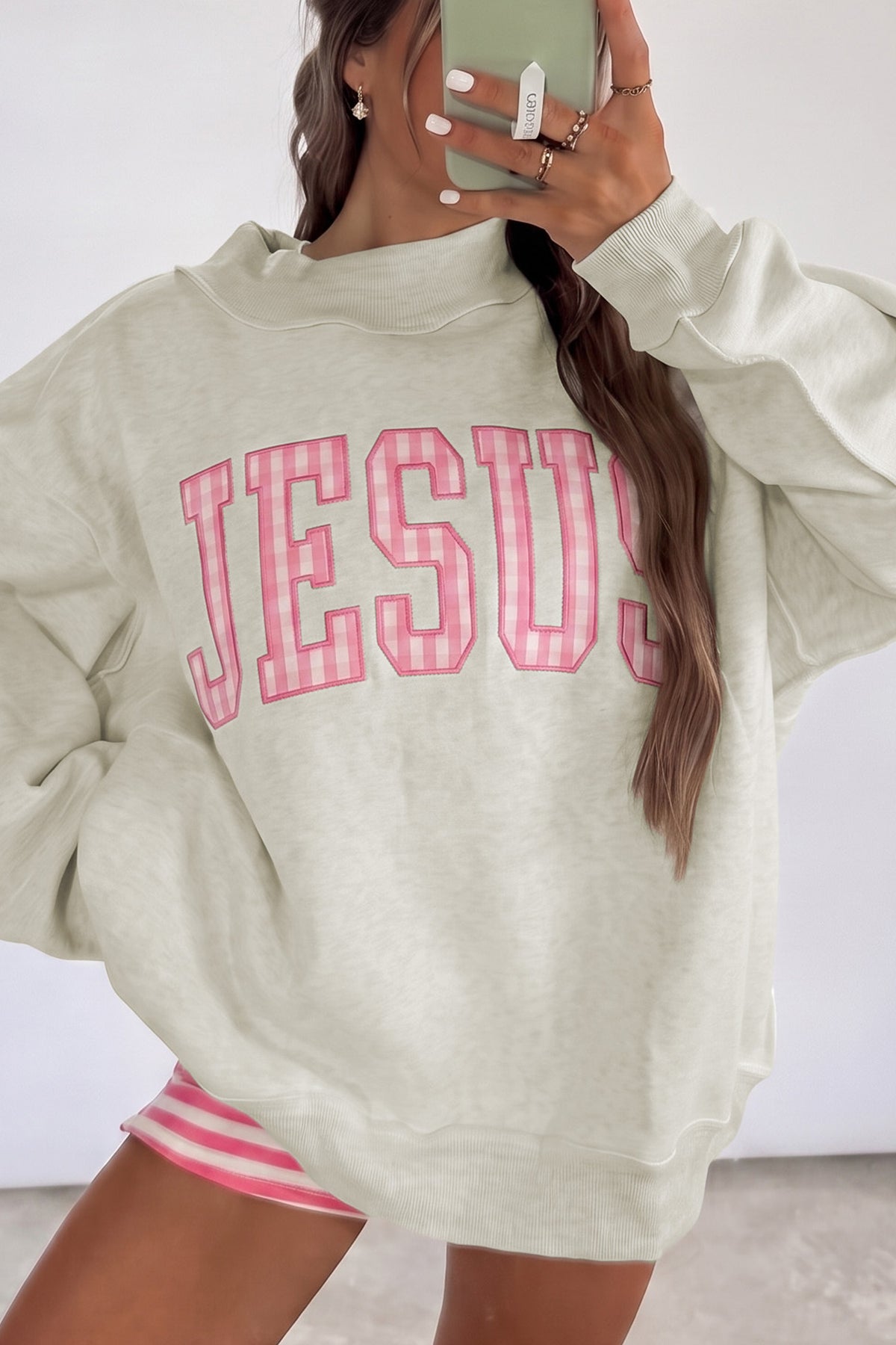 Pink Embroidered Jesus Sweatshirt