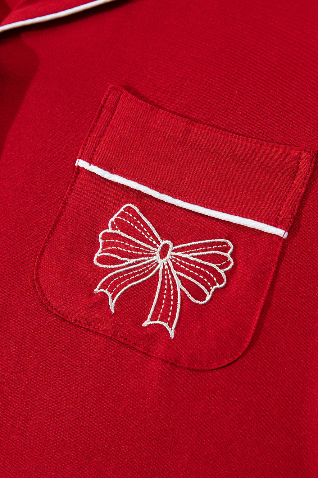 Bow Embroidered Pocket Detail Pajama Set