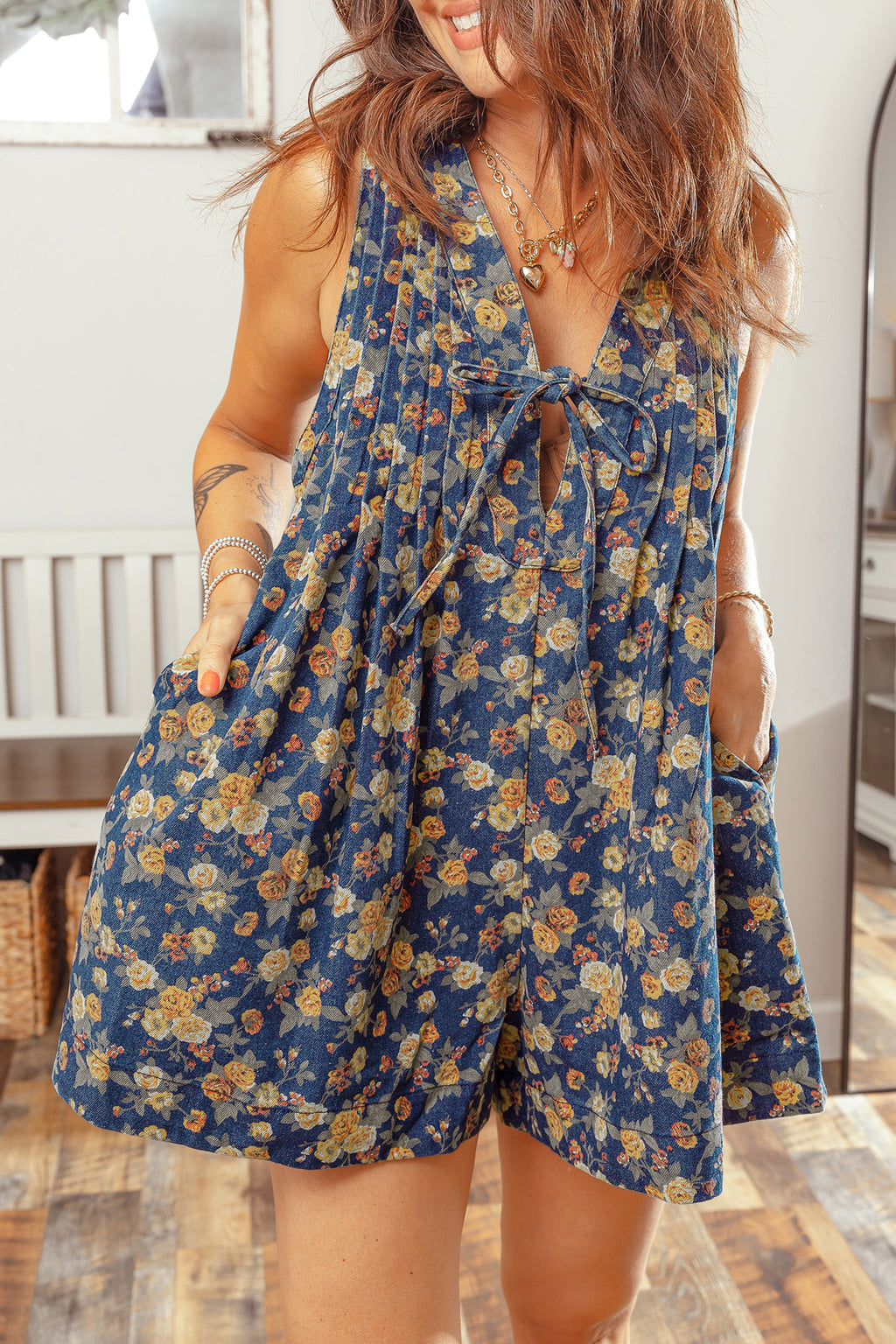 Floral Print Bow Tie V Neck Pleated Denim Romper