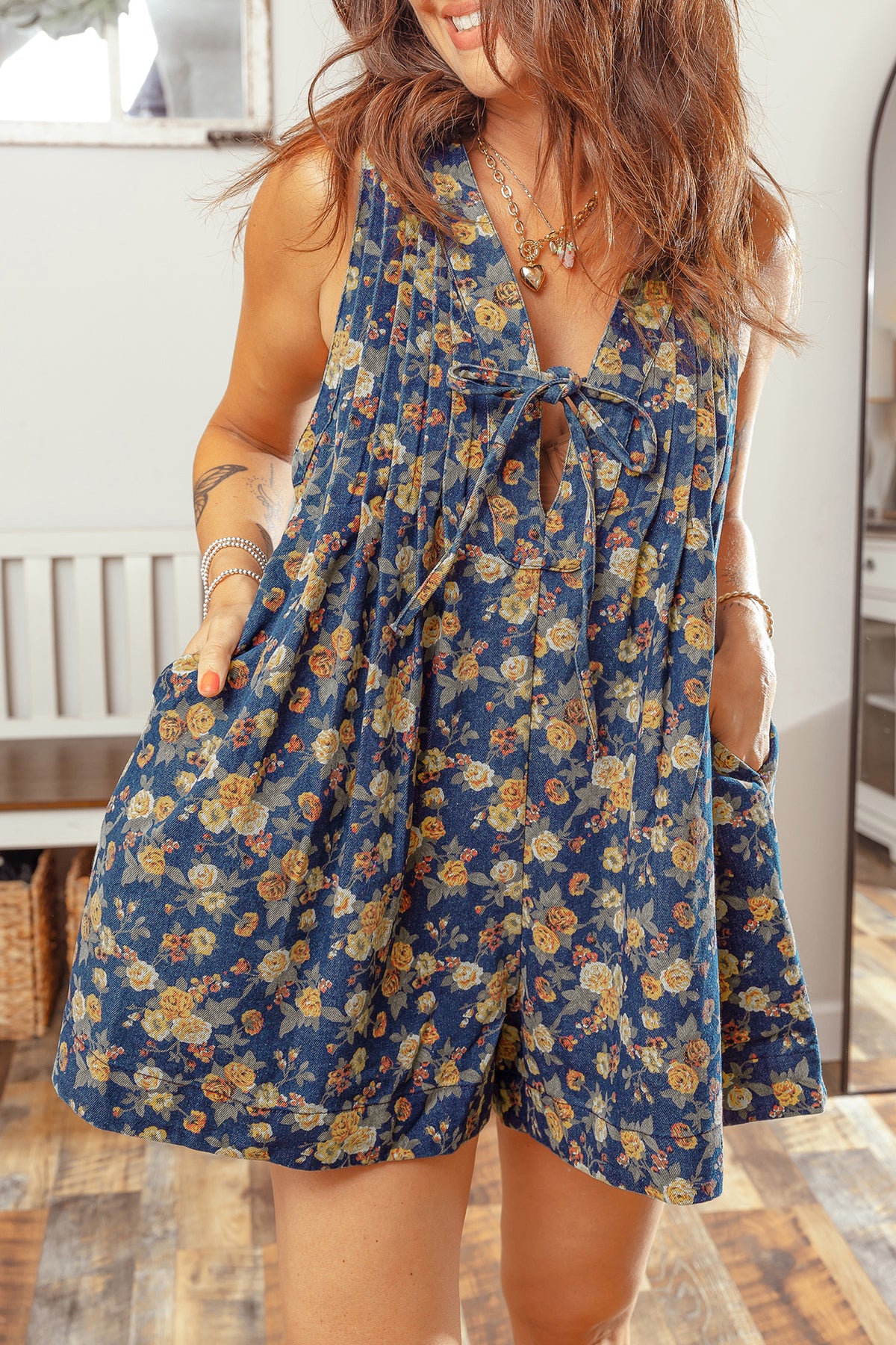 Floral Print Bow Tie V Neck Pleated Denim Romper