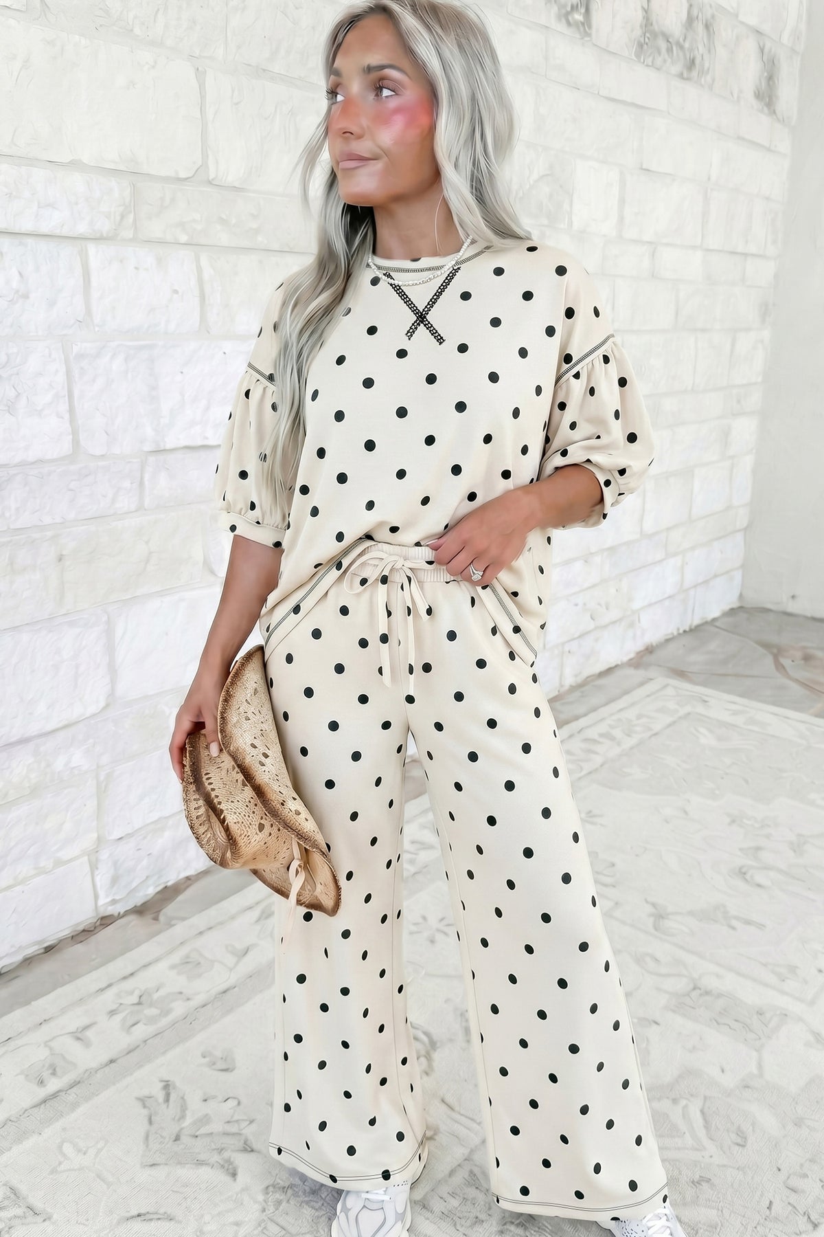 Polka Dot 3/4 Sleeve Loose Top & Pants Set (2 Colors Available)