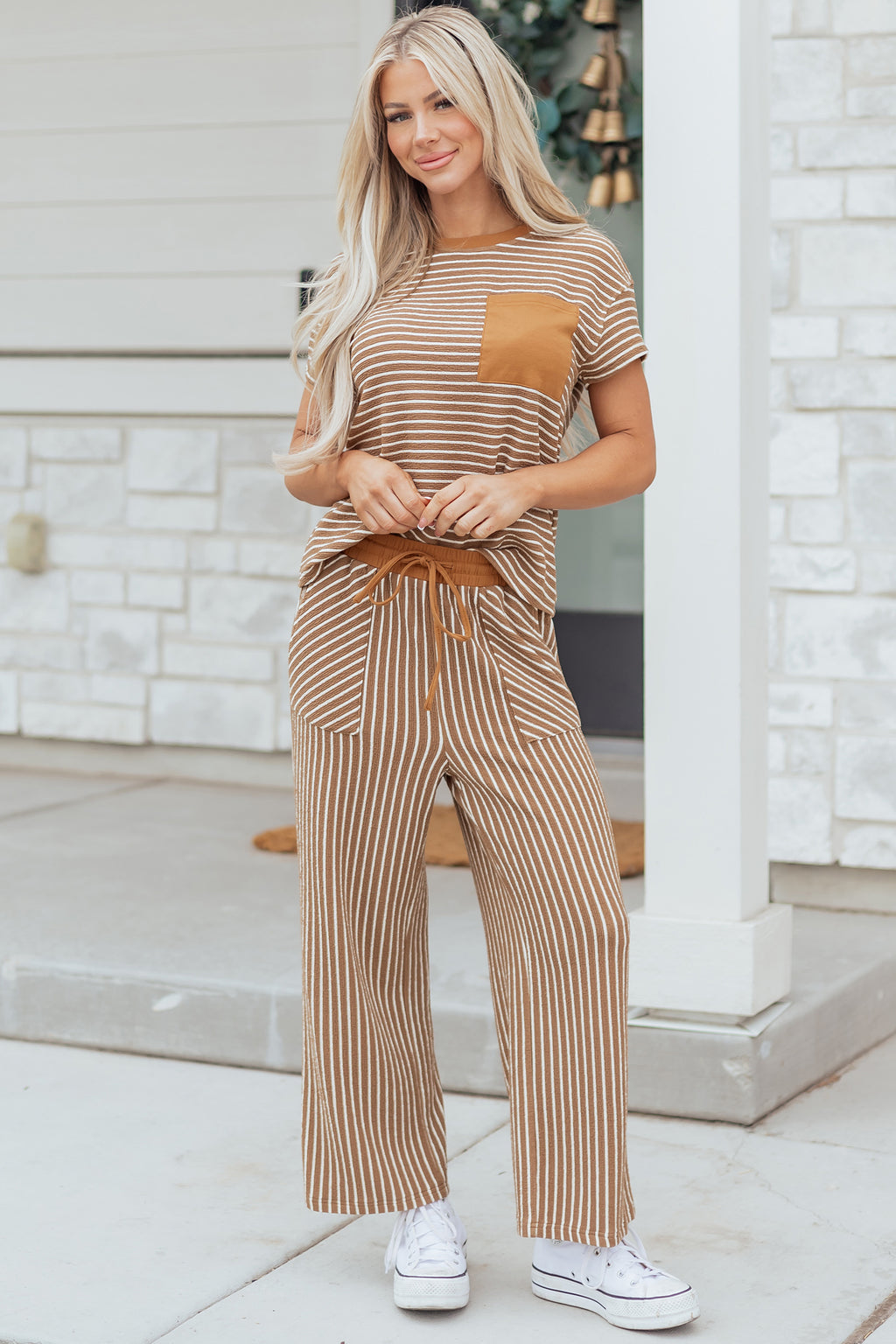 Stripe Crew Neck Tee & Drawstring Waist Cropped Pants Set (4 Colors Available)
