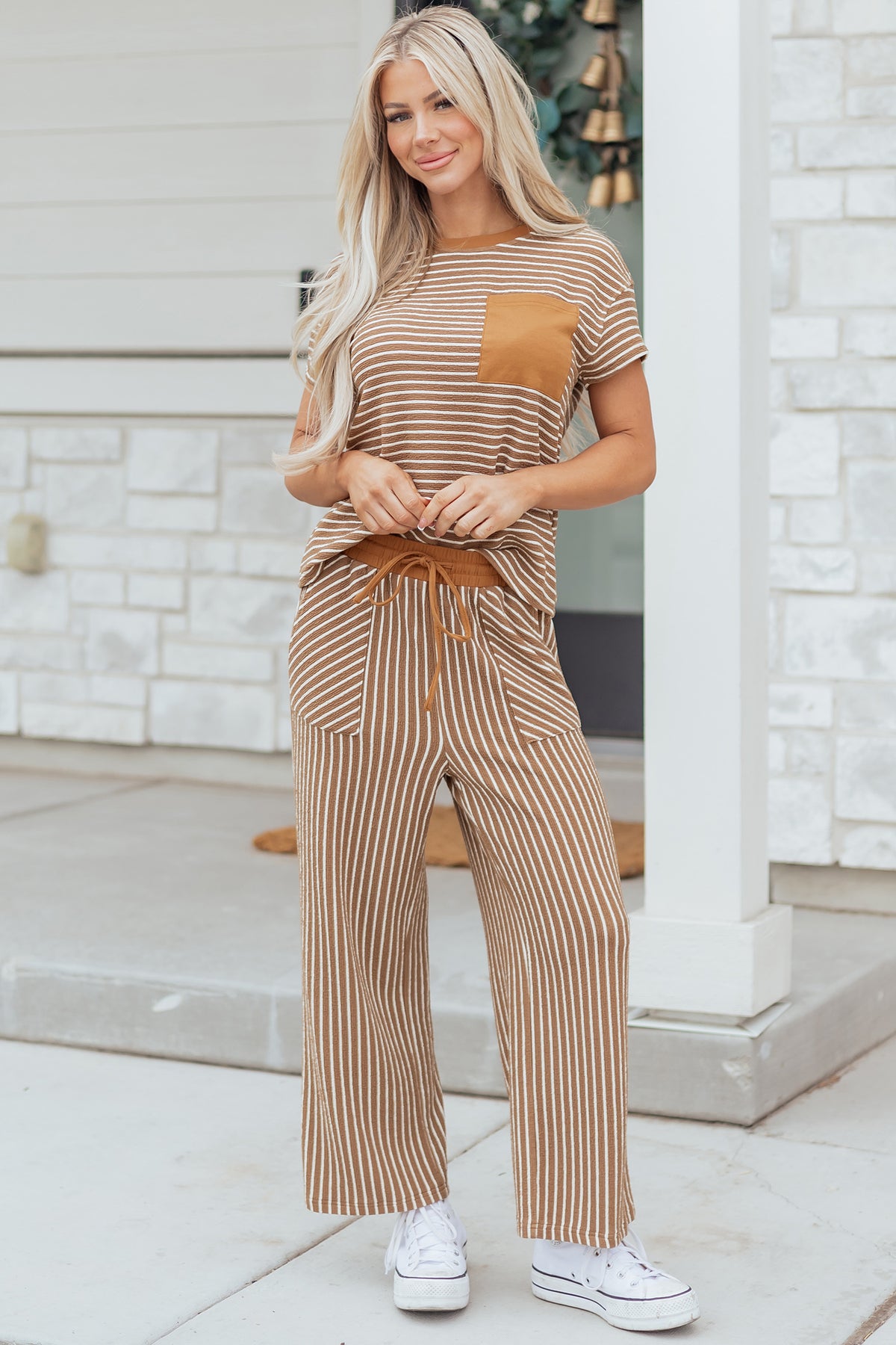 Stripe Crew Neck Tee & Drawstring Waist Cropped Pants Set (4 Colors Available)