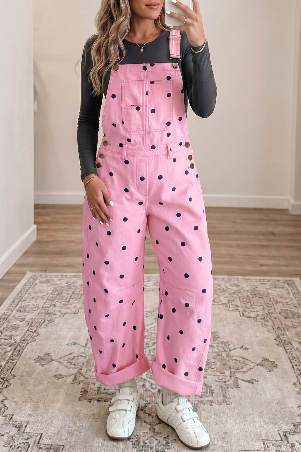 Polka Dot Denim Barrel Overalls (2 Colors Available)