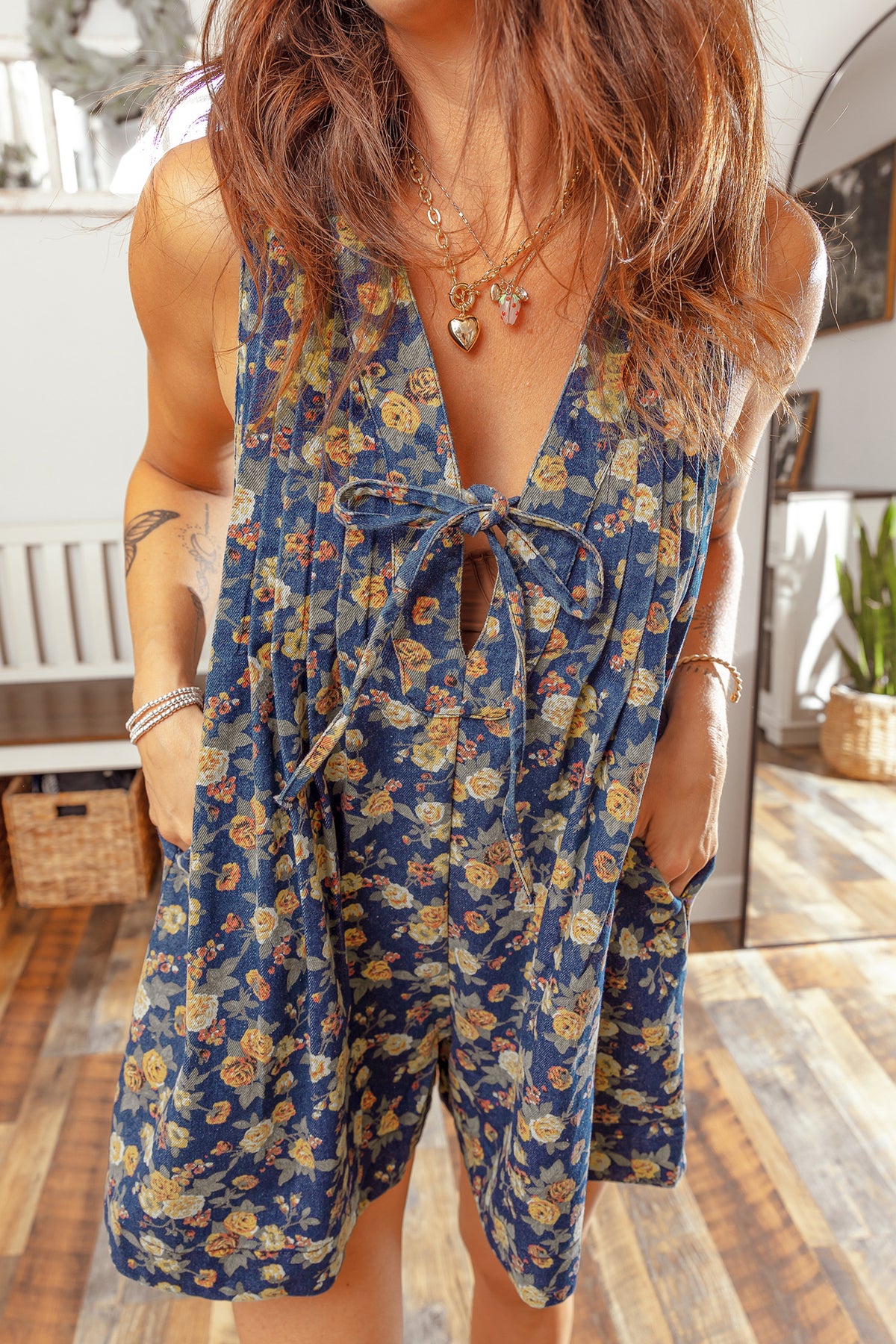 Floral Print Bow Tie V Neck Pleated Denim Romper
