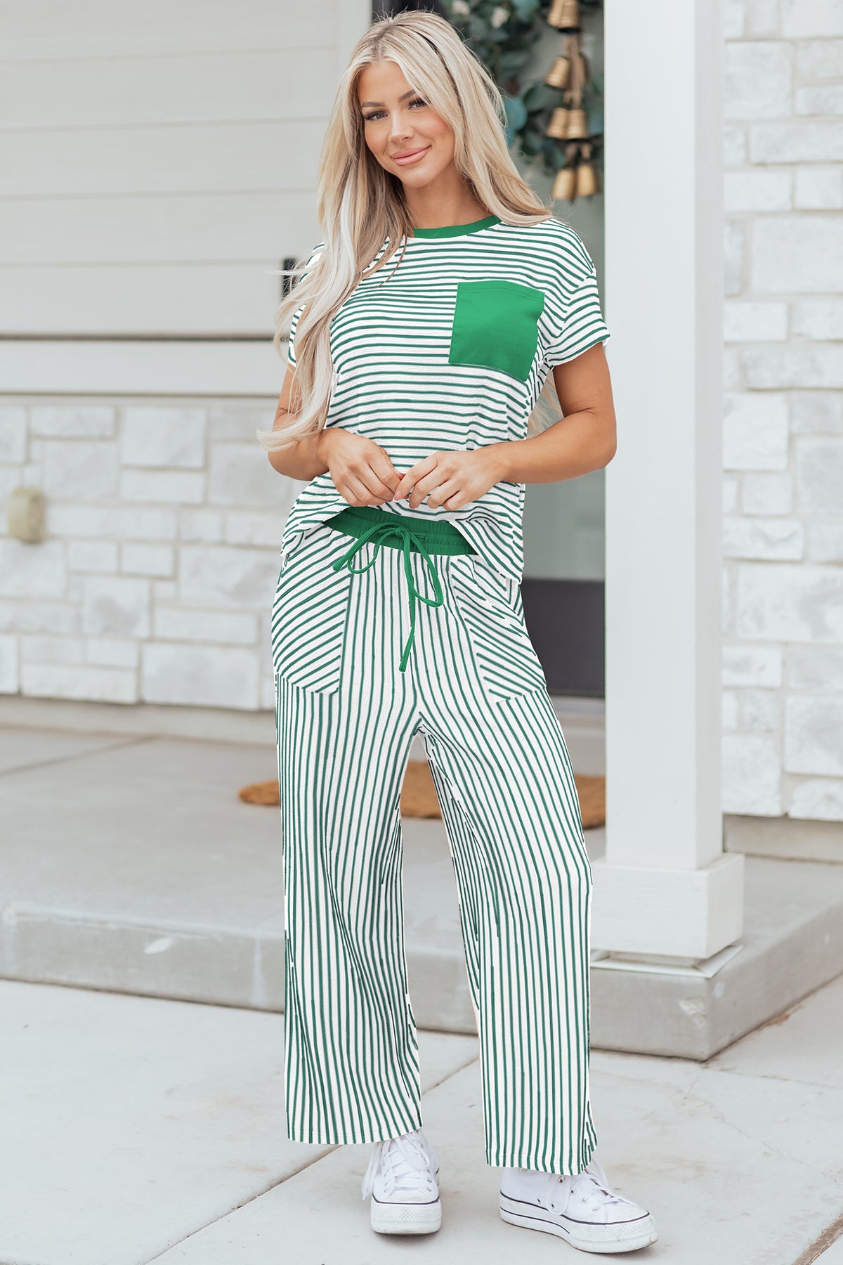 Stripe Crew Neck Tee & Drawstring Waist Cropped Pants Set (4 Colors Available)