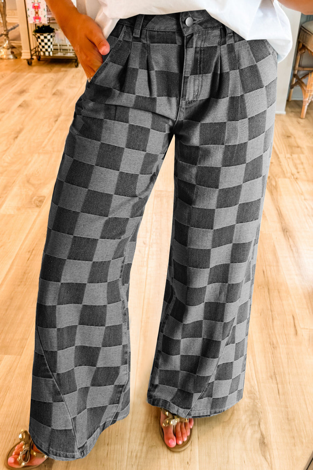 Checkered Denim Wide Leg Jeans (2 Colors Available)