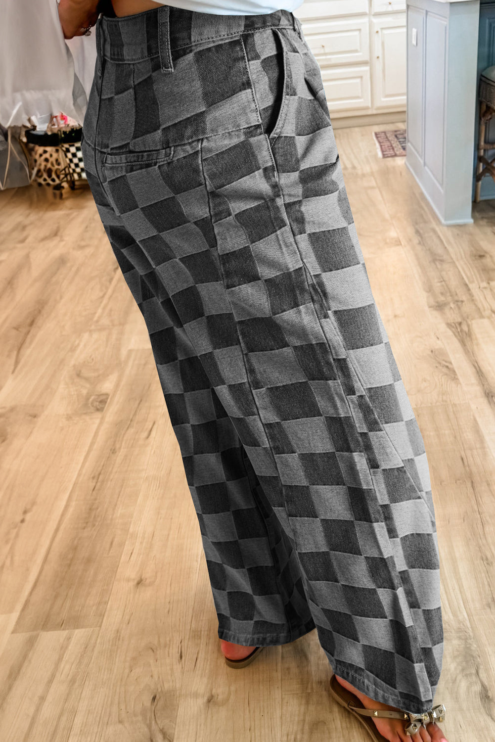 Checkered Denim Wide Leg Jeans (2 Colors Available)