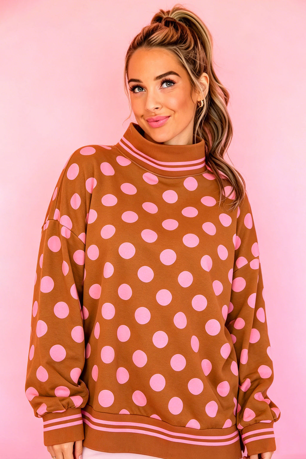 Polka Dot Striped Trim Mock Neck Sweatshirt (3 Colors Available)