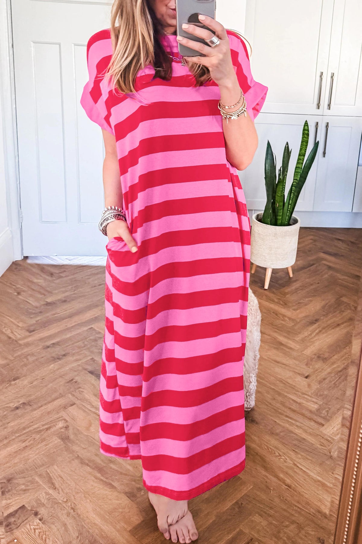 Striped T-Shirt Maxi Dress with Pockets
