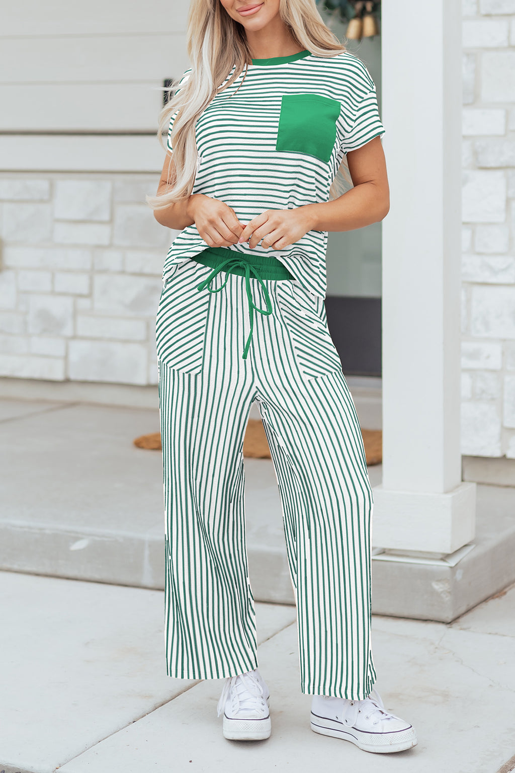 Stripe Crew Neck Tee & Drawstring Waist Cropped Pants Set (4 Colors Available)
