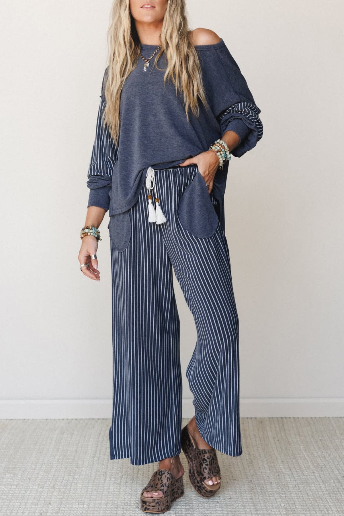 Raw Seam Patchwork Long Sleeve Top & Pants Set (3 Colors Available)