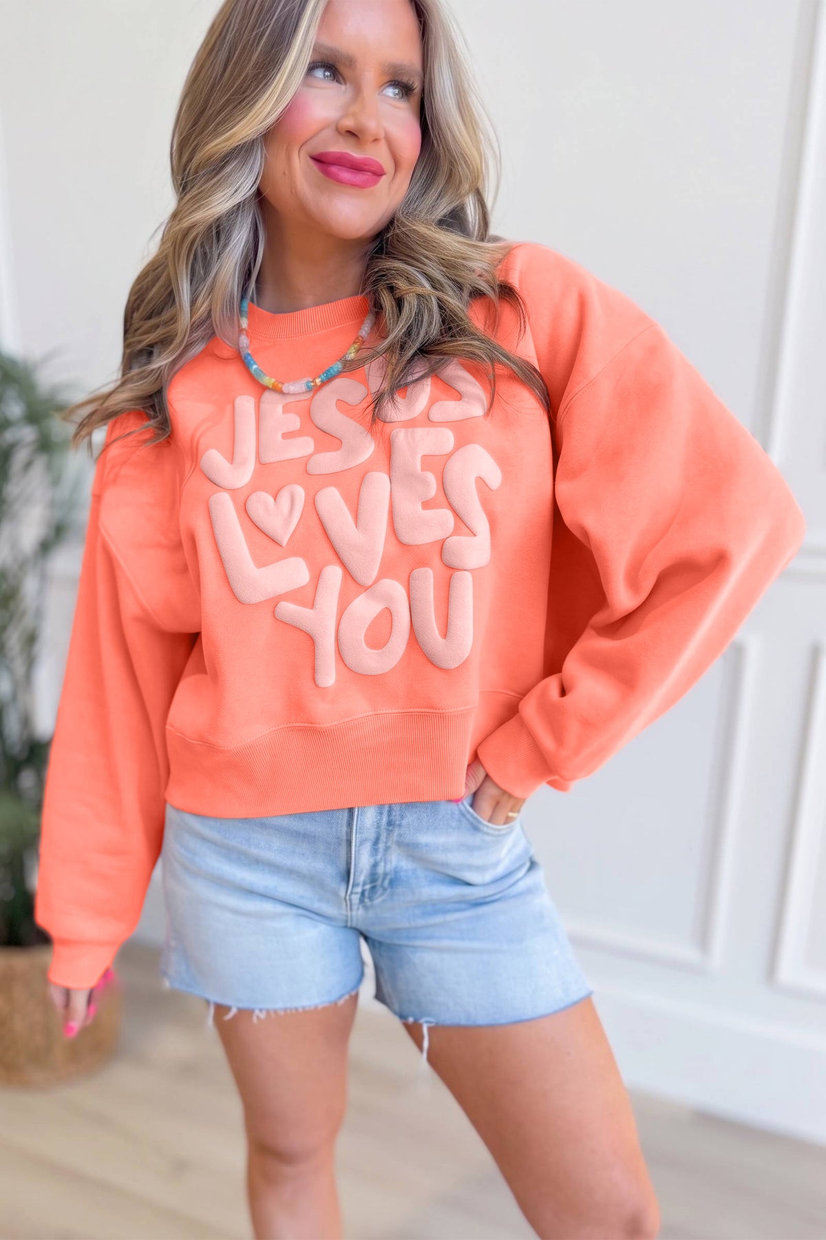 JESUS LOVES YOU Puffy Letter Sweatshirt