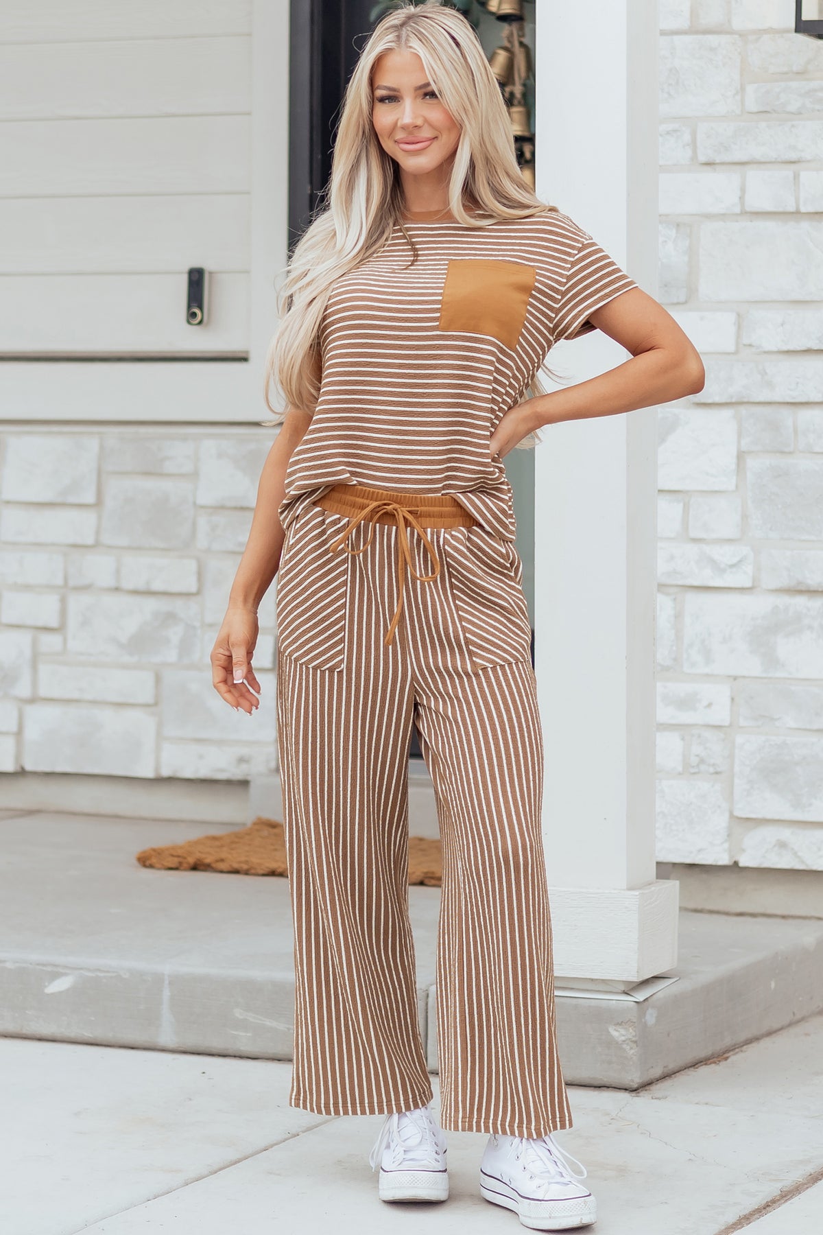 Stripe Crew Neck Tee & Drawstring Waist Cropped Pants Set (4 Colors Available)