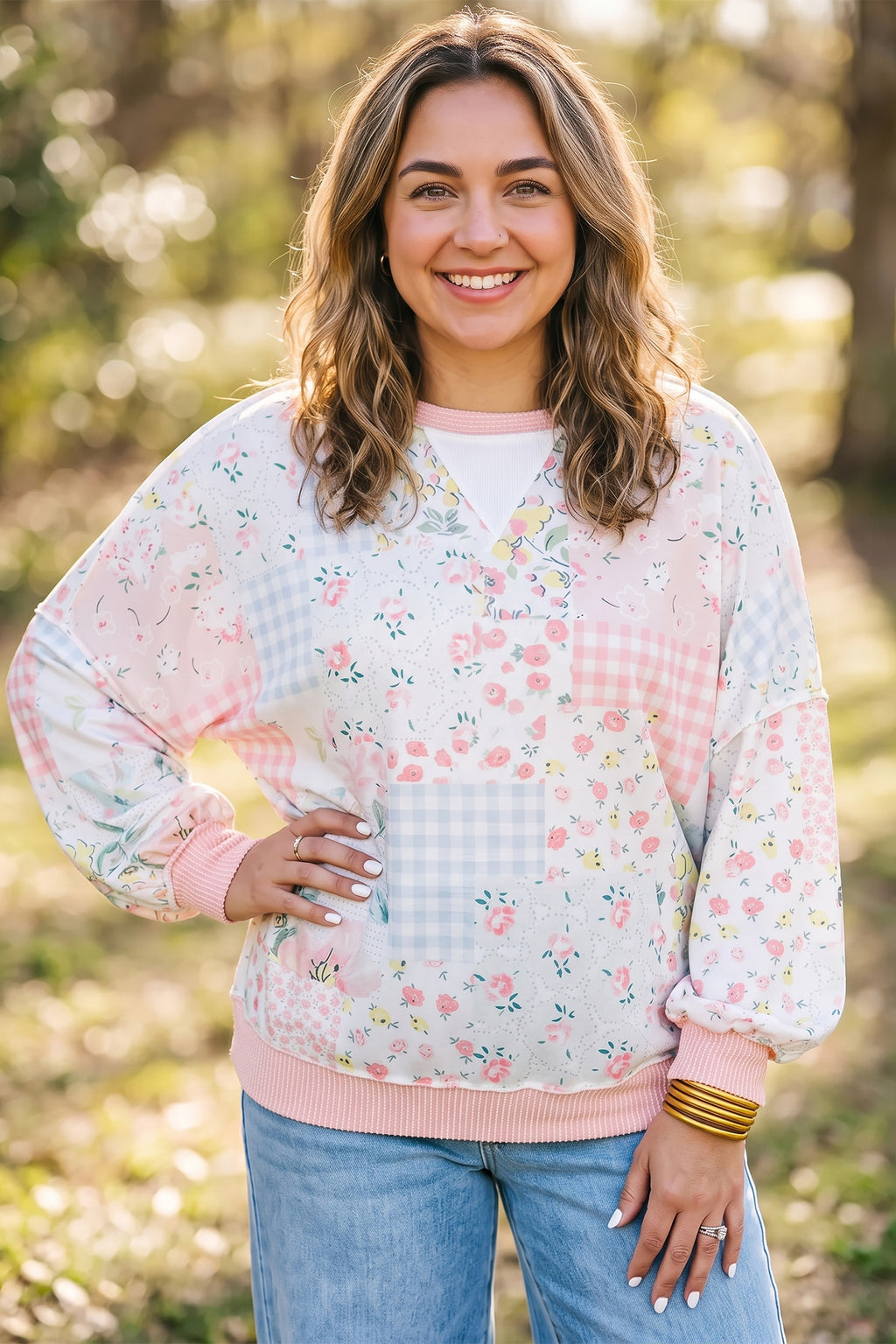 Floral Patchwork Long Sleeve Plus Size Top