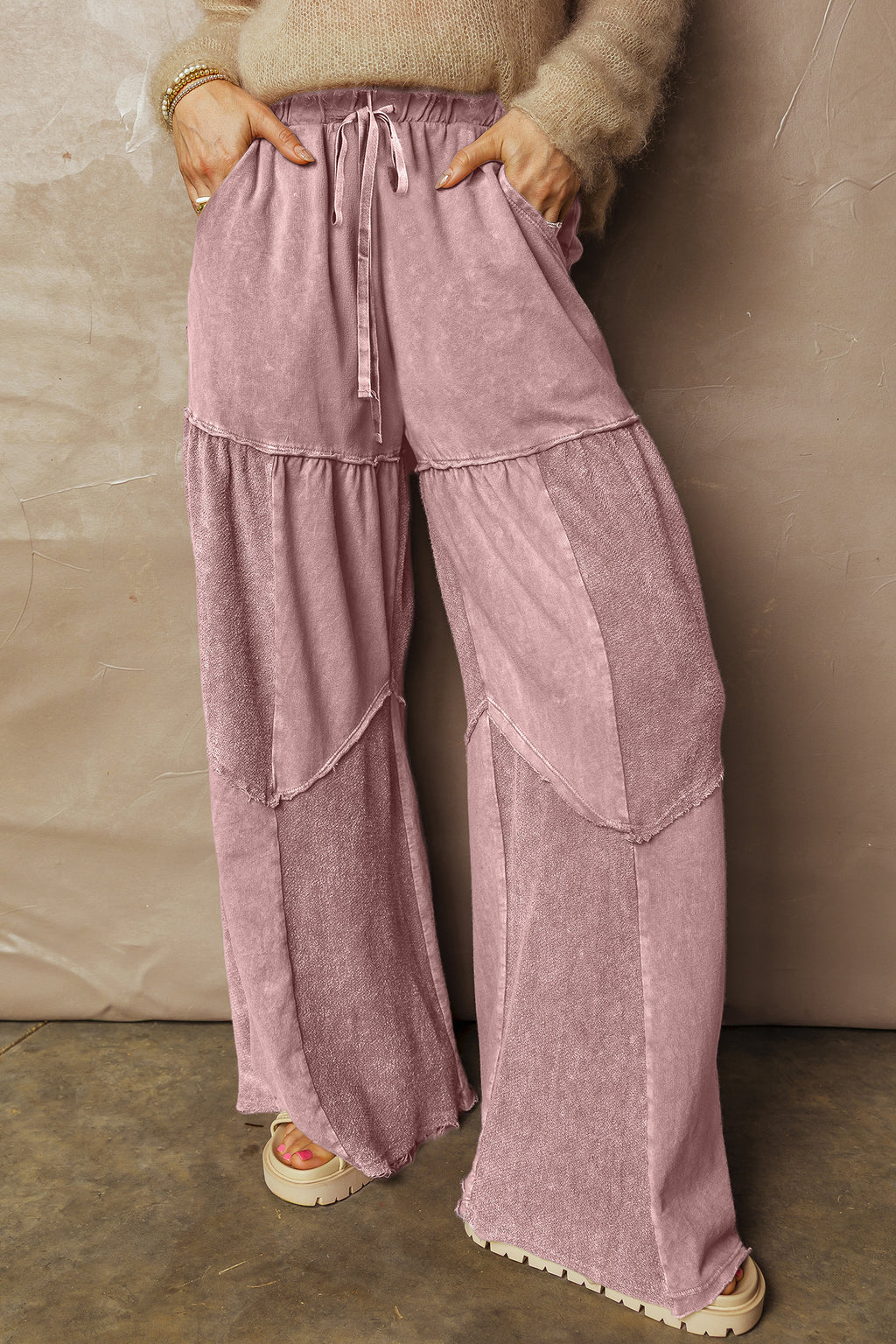 Mineral Wash Patchwork Wide Leg Pants (3 Colors Available)