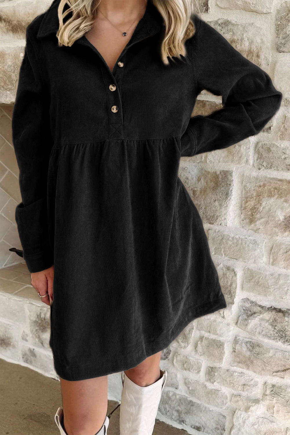 Corduroy Half Button Collard Mini Dress (3 Colors Available)
