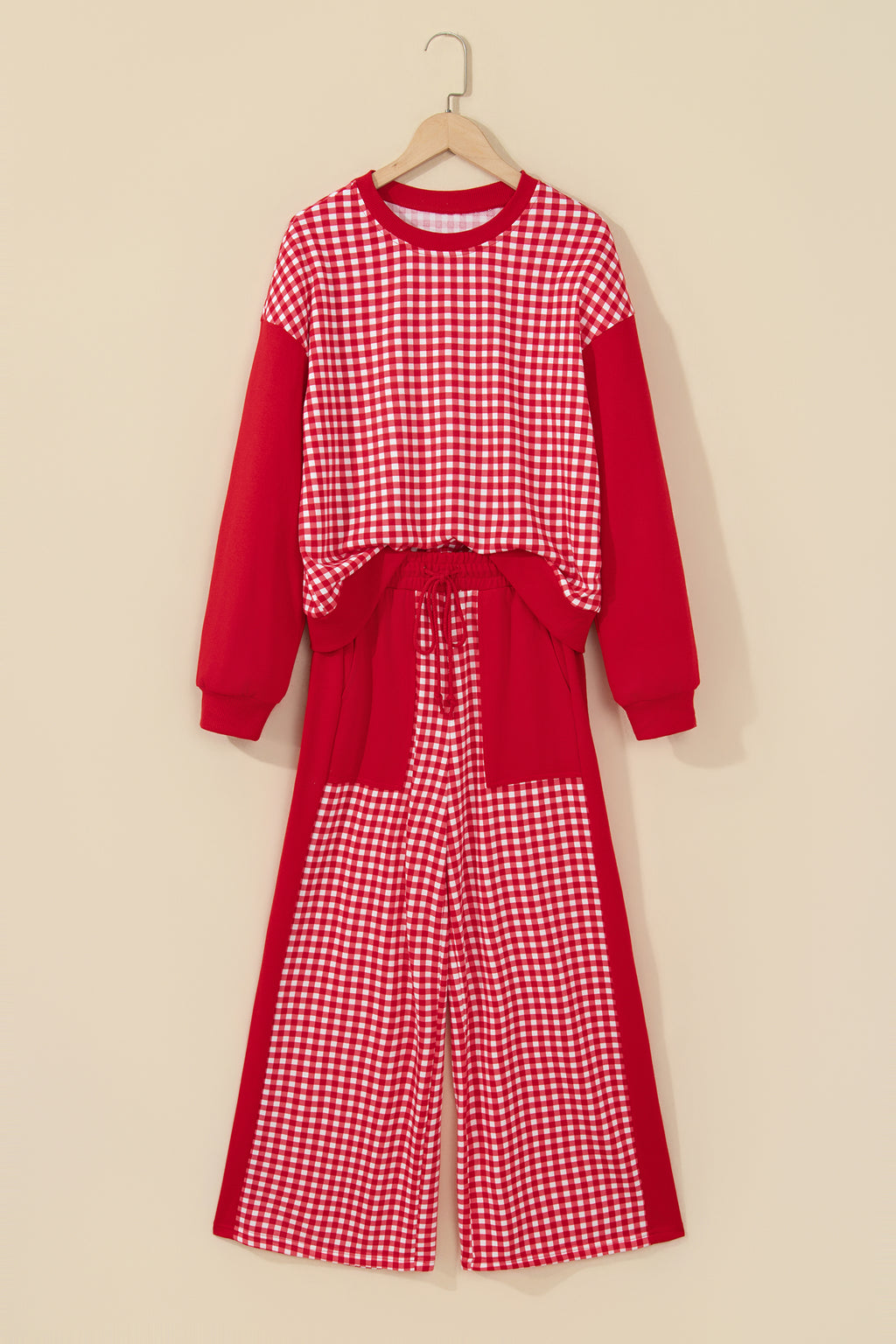 Plaid Patchwork Long Sleeve Pullover & Wide Leg Pant Set (3 Colors Available)