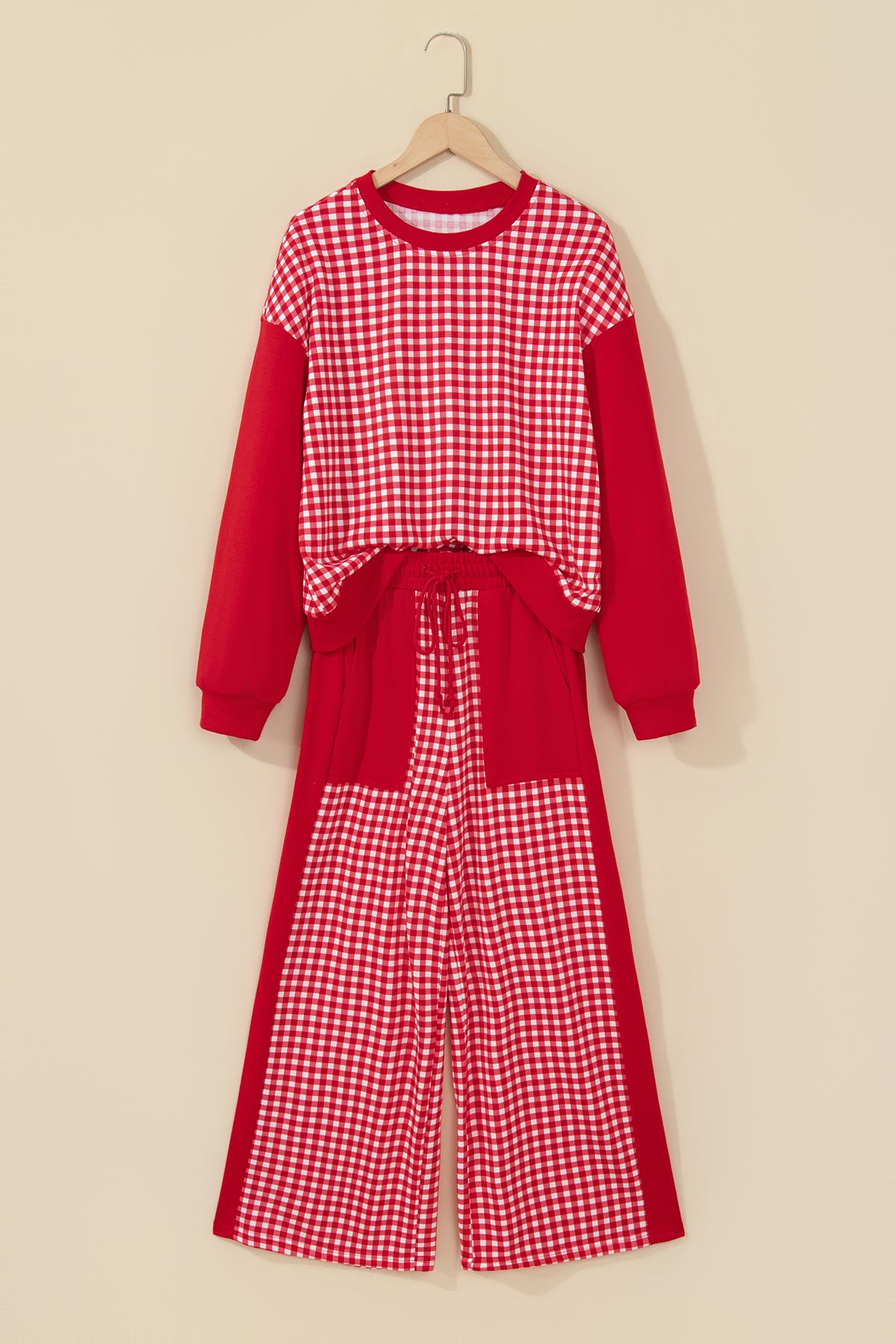 Plaid Patchwork Long Sleeve Pullover & Wide Leg Pant Set (3 Colors Available)