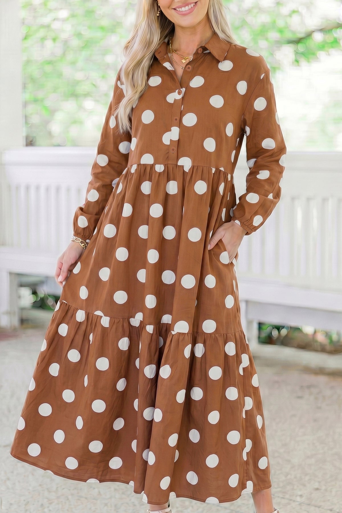 Polka Dot Button Front Long Sleeve Shift Dress with Pockets (2 Colors Available)