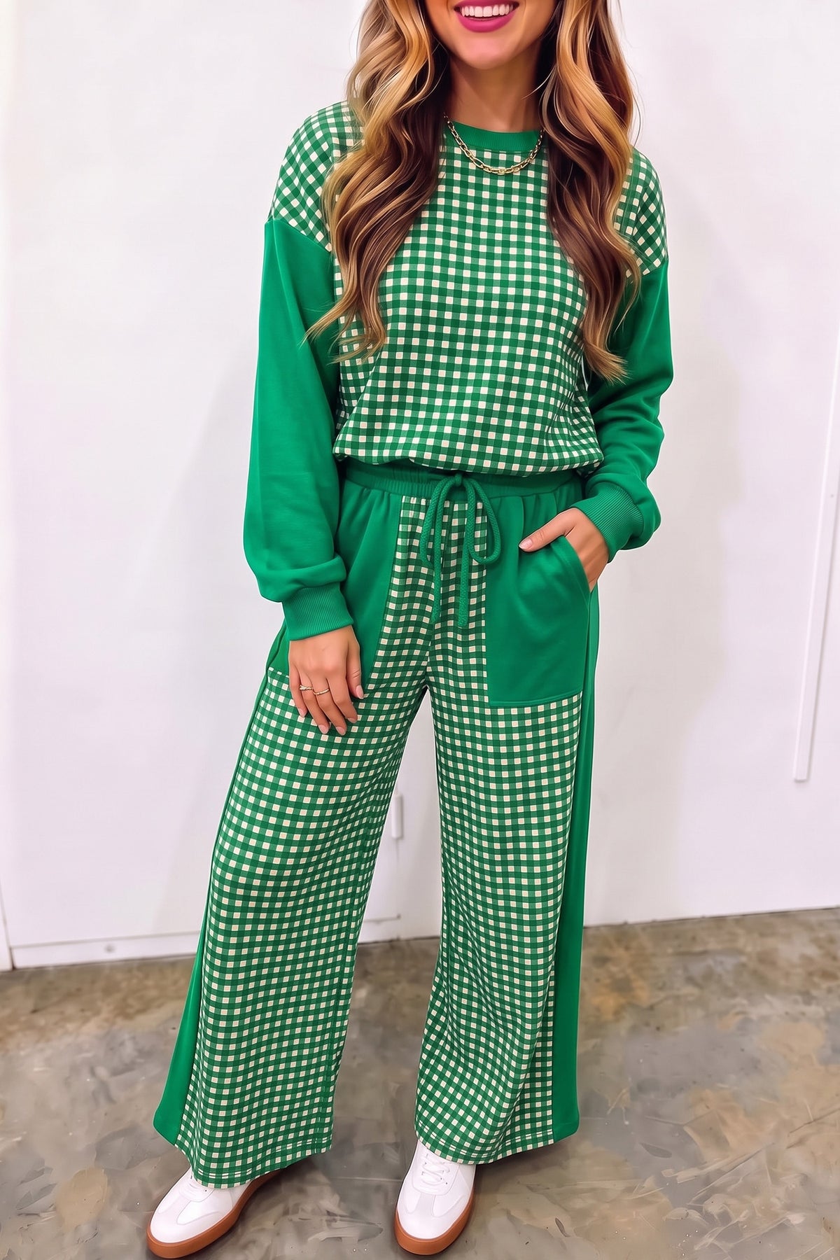 Plaid Patchwork Long Sleeve Pullover & Wide Leg Pant Set (3 Colors Available)