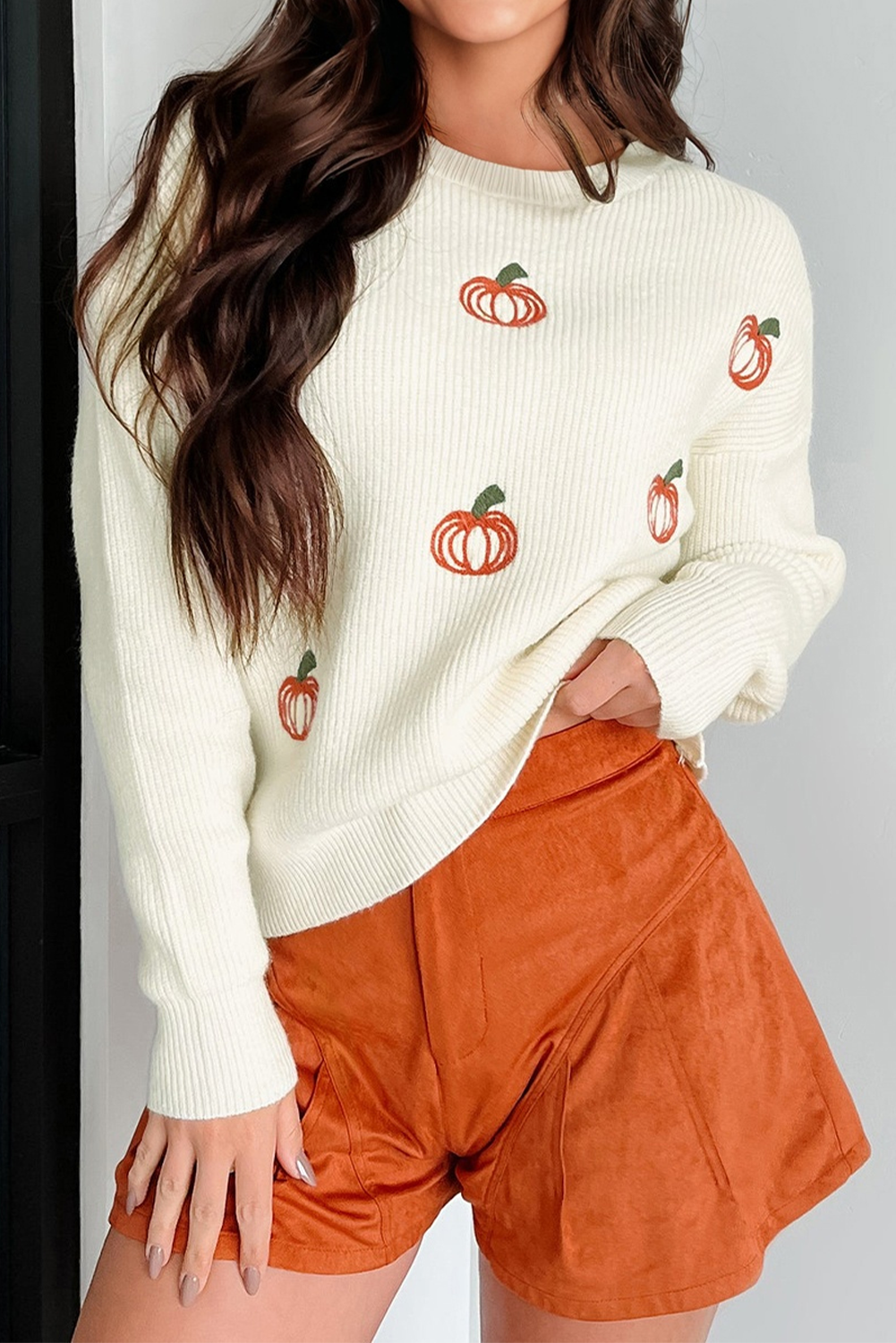 Pumpkin Embroidered Ribbed Sweater