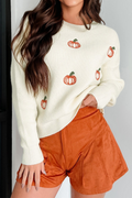 Pumpkin Embroidered Ribbed Sweater