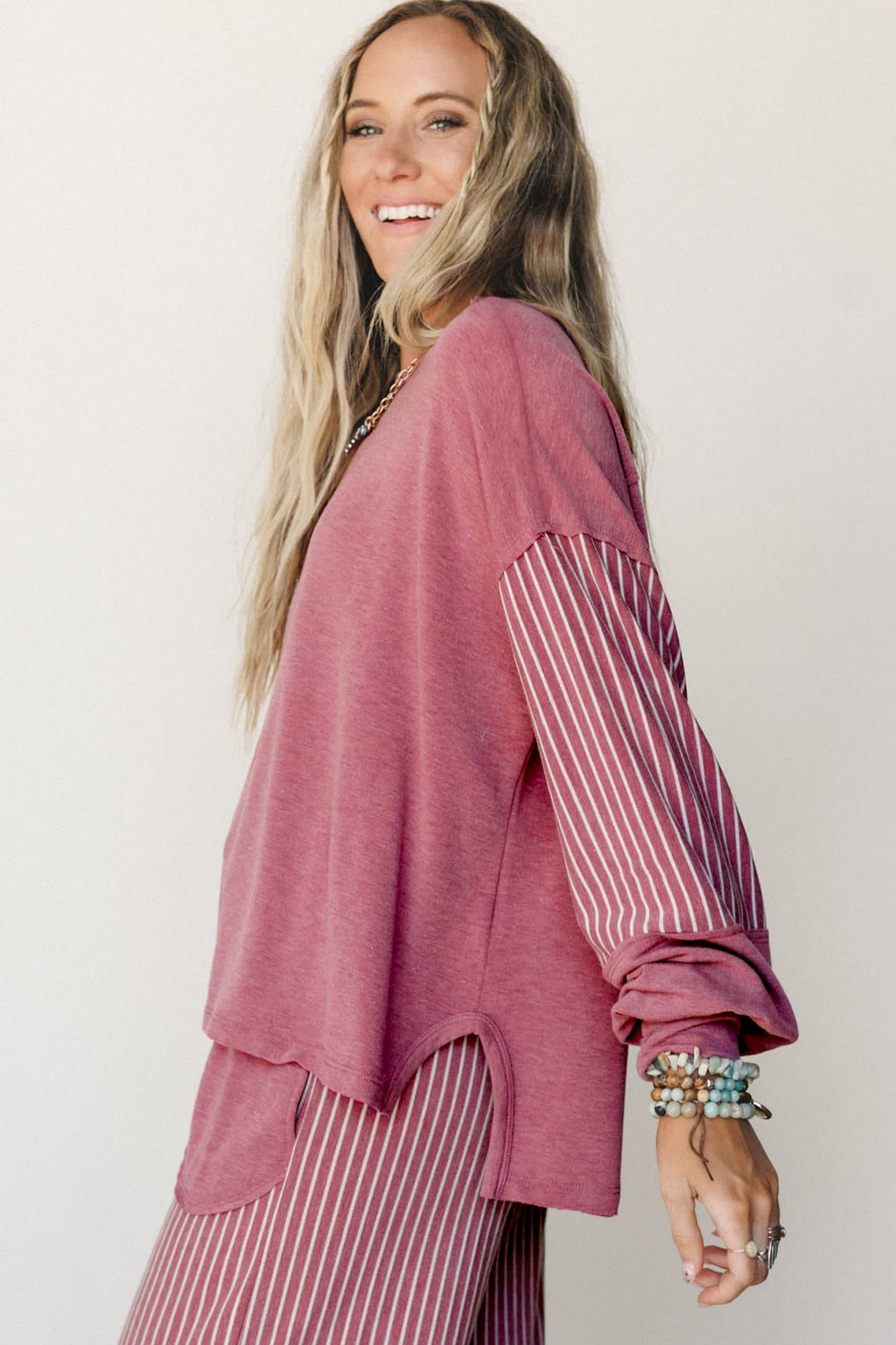 Raw Seam Patchwork Long Sleeve Top & Pants Set (3 Colors Available)
