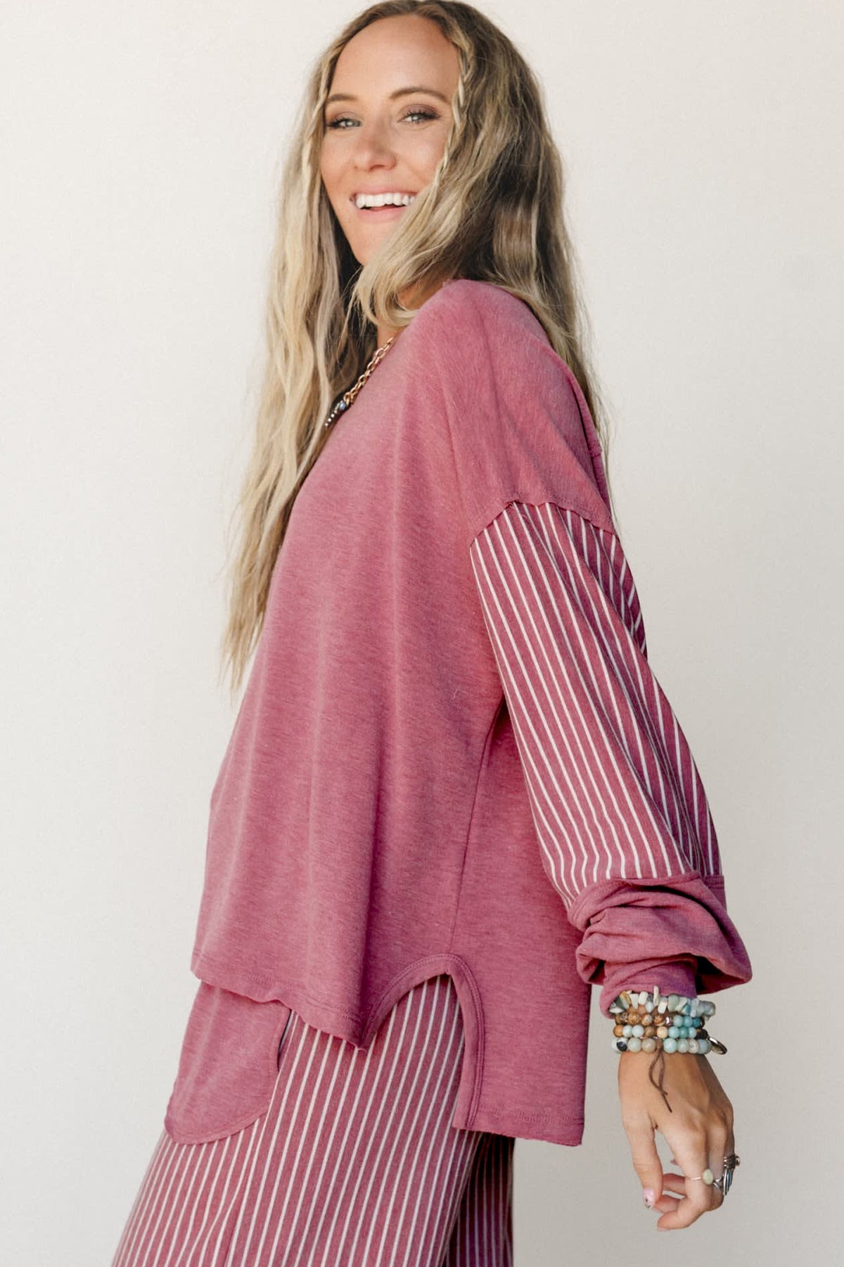 Raw Seam Patchwork Long Sleeve Top & Pants Set (3 Colors Available)