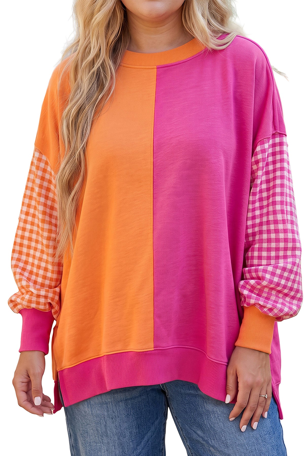 Colorblock Patchwork Gingham Sleeve Plus Size Sweatshirt