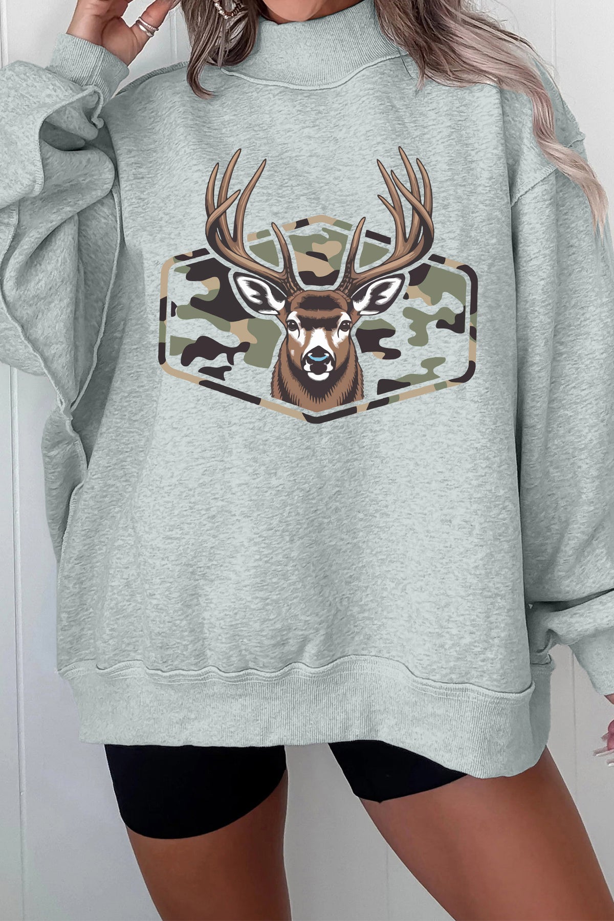 Oversize Camouflage Deer Mock Neck Sweatshirt
