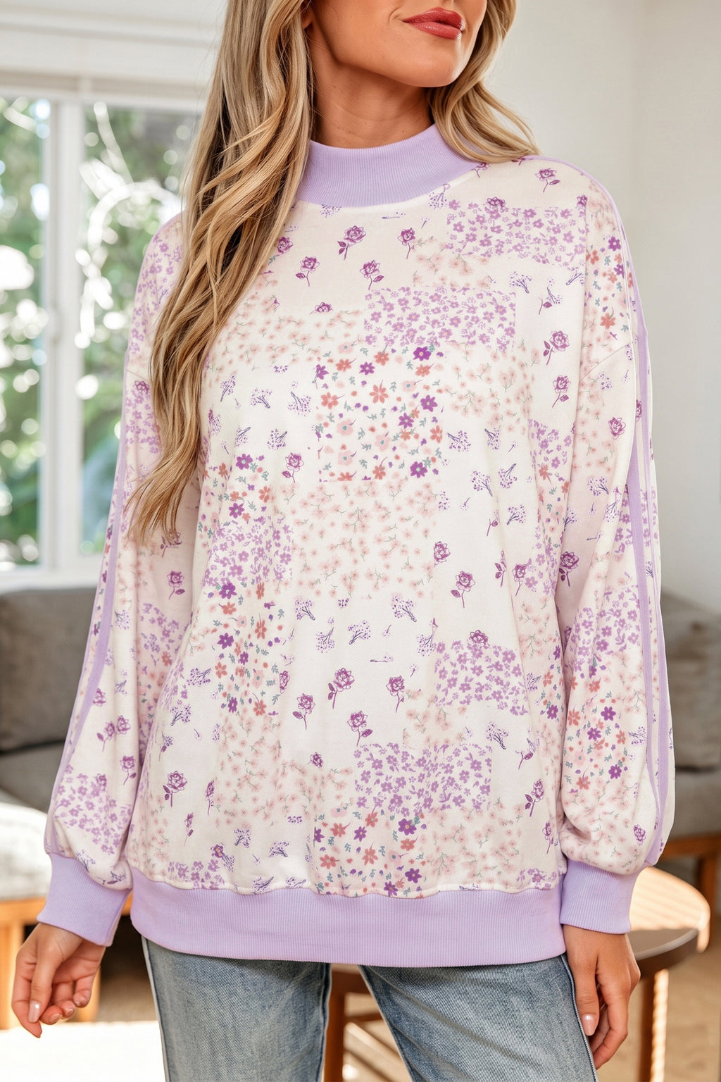 Purple Floral Print High Neck Sweatshirt