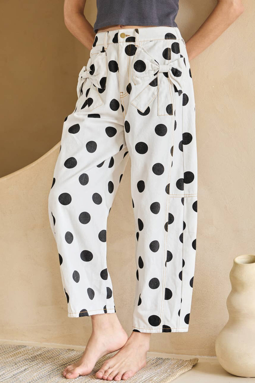 Polka Dot Bow Pocket Barrel Pants (2 Colors Available)
