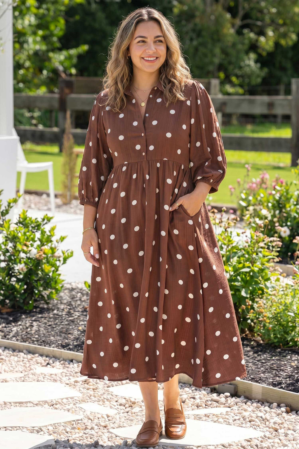 Polka Cuffs Sleeve Shift Plus Size Dress with Pockets