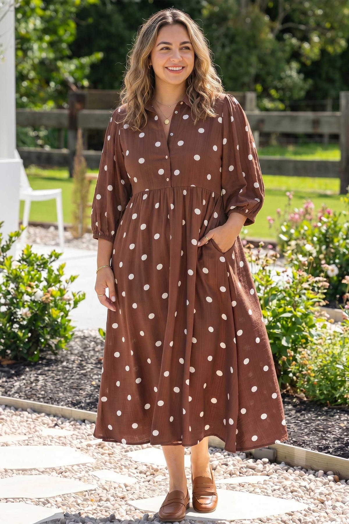 Polka Cuffs Sleeve Shift Plus Size Dress with Pockets