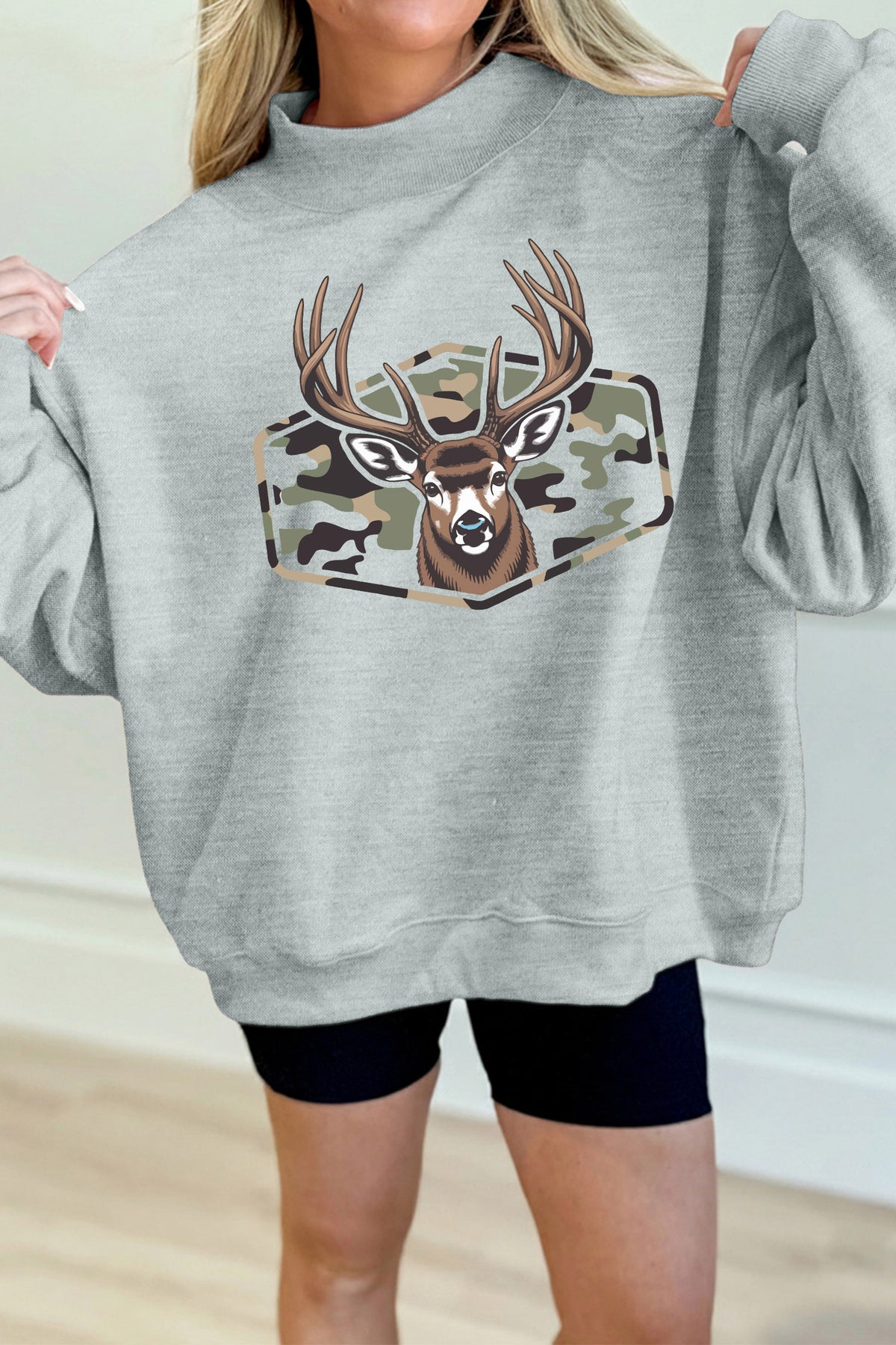 Oversize Camouflage Deer Mock Neck Sweatshirt