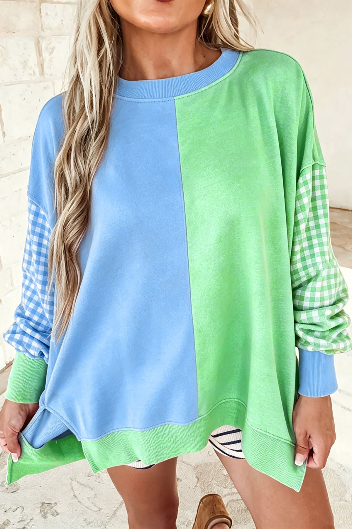 Colorblock Gingham Sleeve Crewneck Sweatshirt
