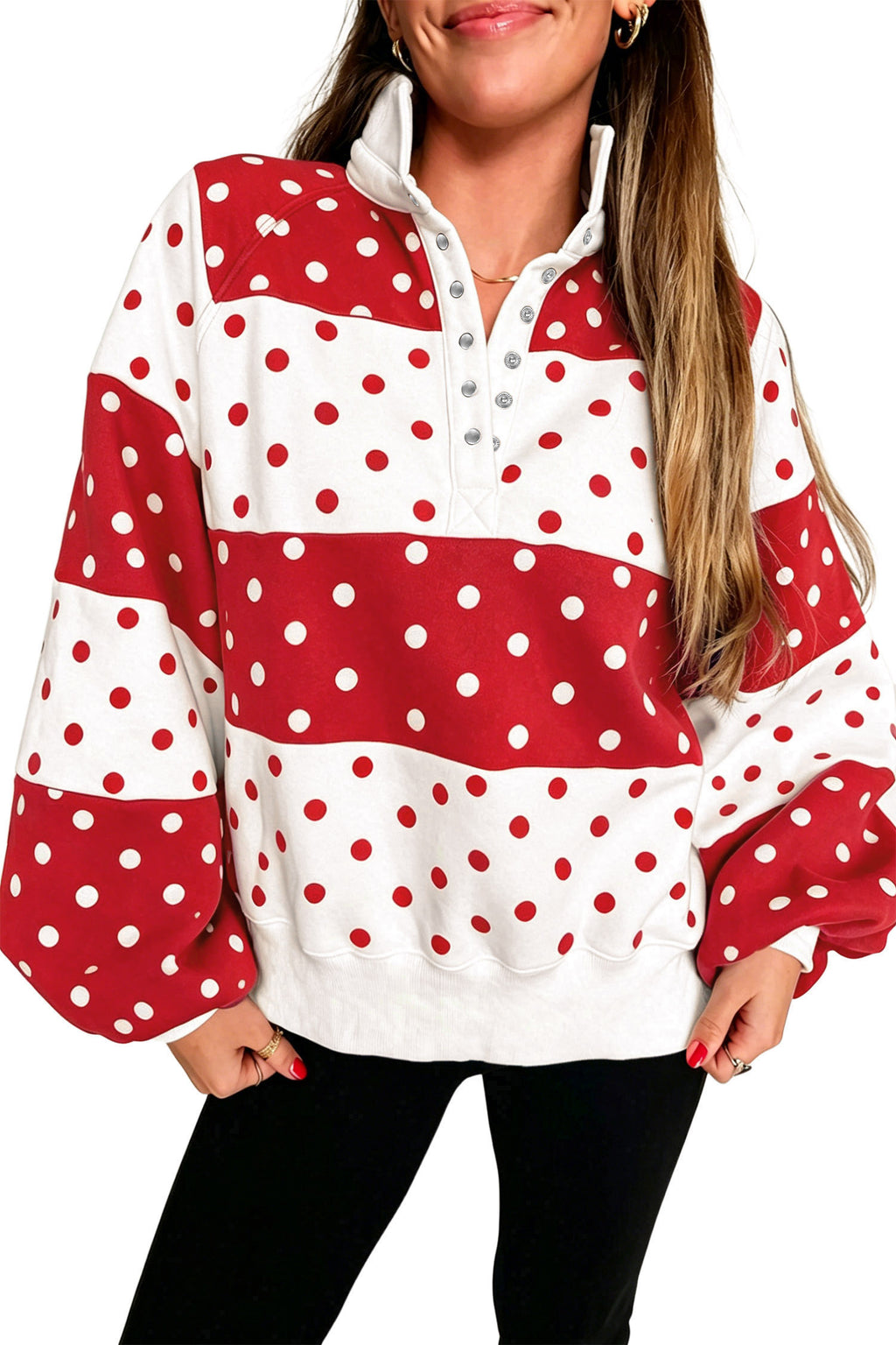 Blue Polka Half Zip Puff Sleeve Pullover (3 Colors Available)