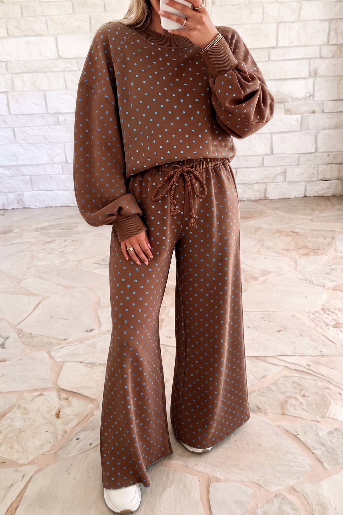Polka Dot Long Sleeve Top & Wide Leg Pant Set (3 Colors Available)