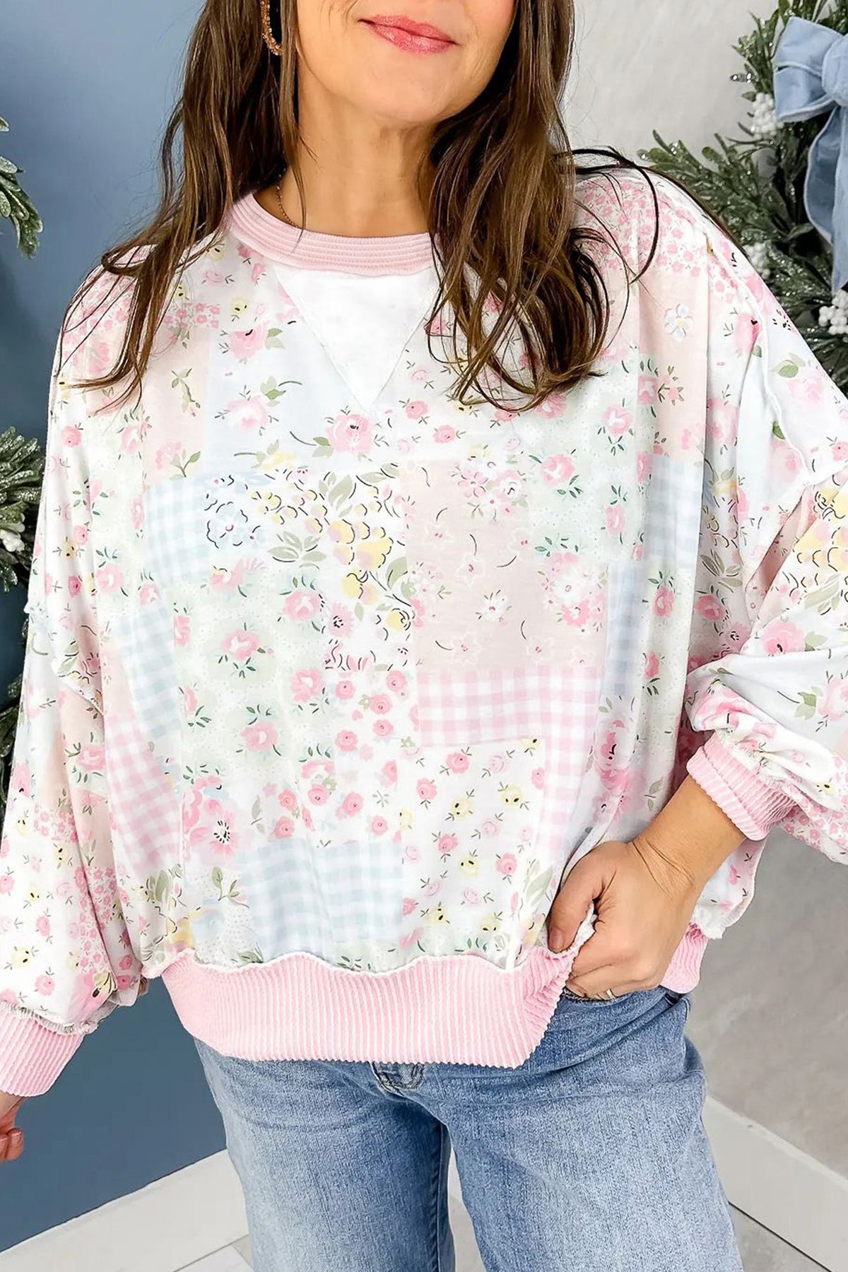 Floral Print Patchwork Long Sleeve Top