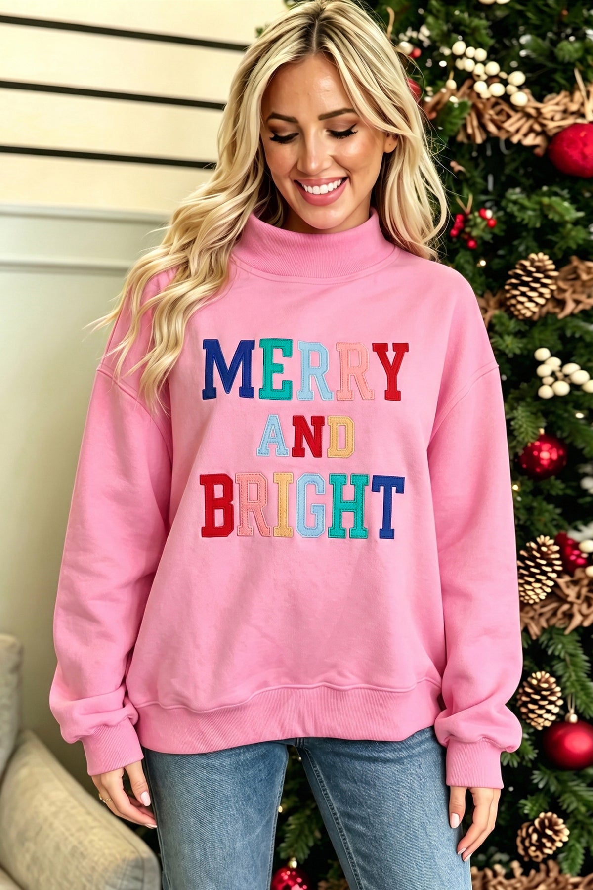 Merry & Bright Mock Neck Sweatshirt (2 Colors Available)